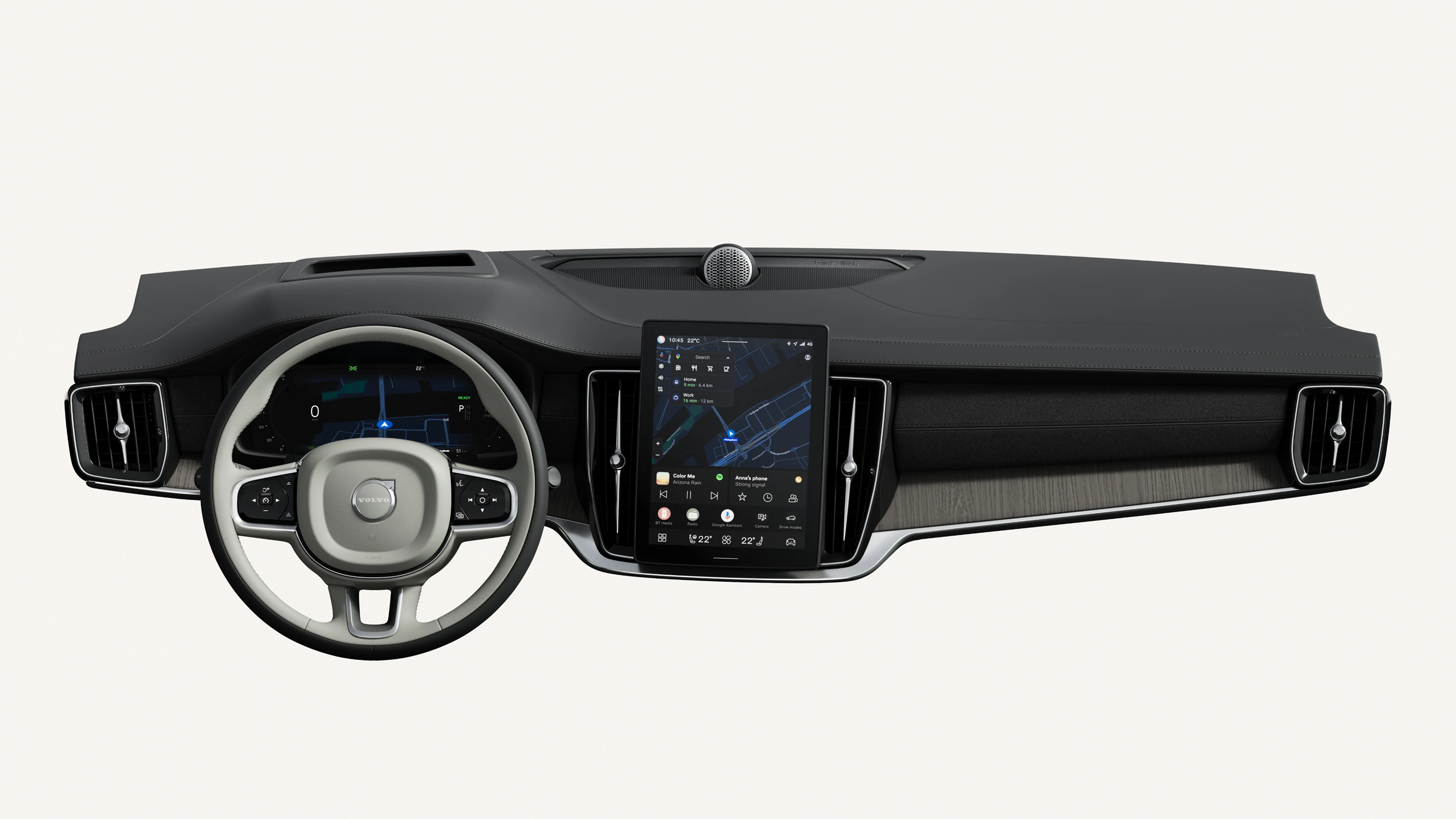 Interior view of the Volvo S90 dashboard, including steering wheel and touchscreen.