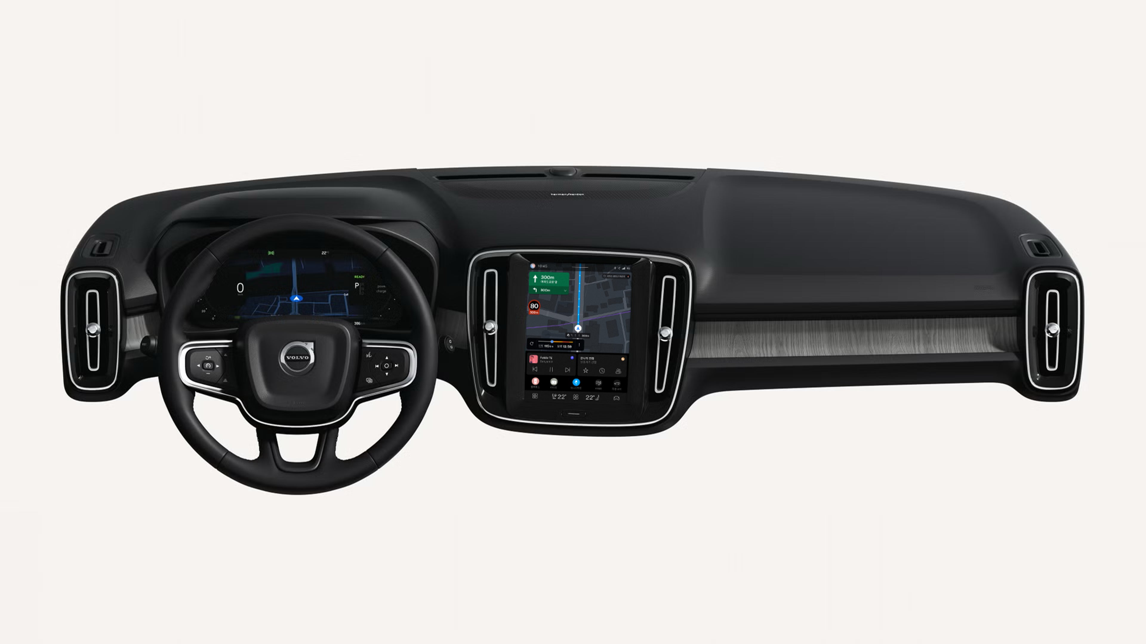 Interior view of the Volvo XC40 dashboard, including steering wheel and touchscreen.