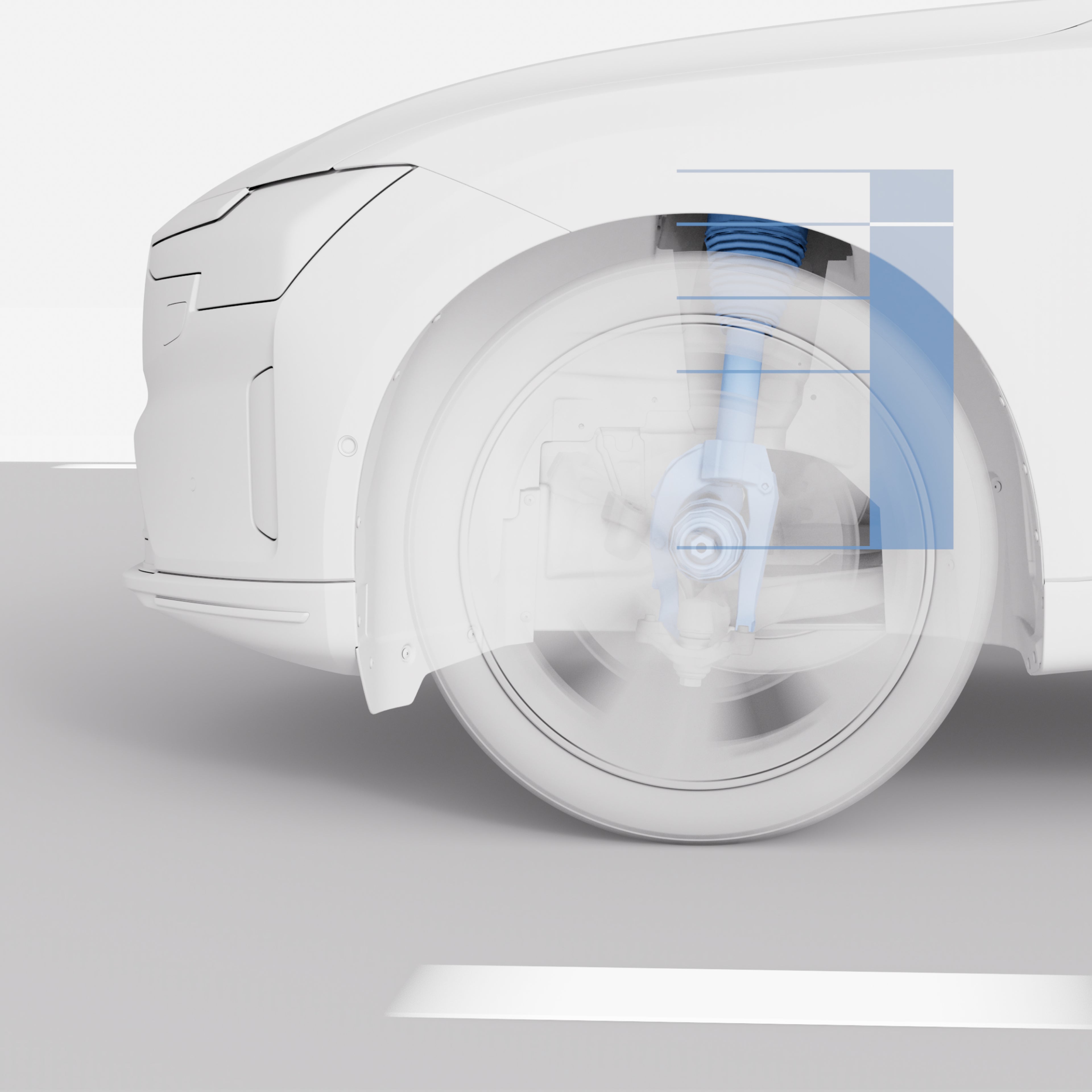 Close-up van het wiel van de Volvo ES90 met het premium ophangingssysteem in blauwe accenten.