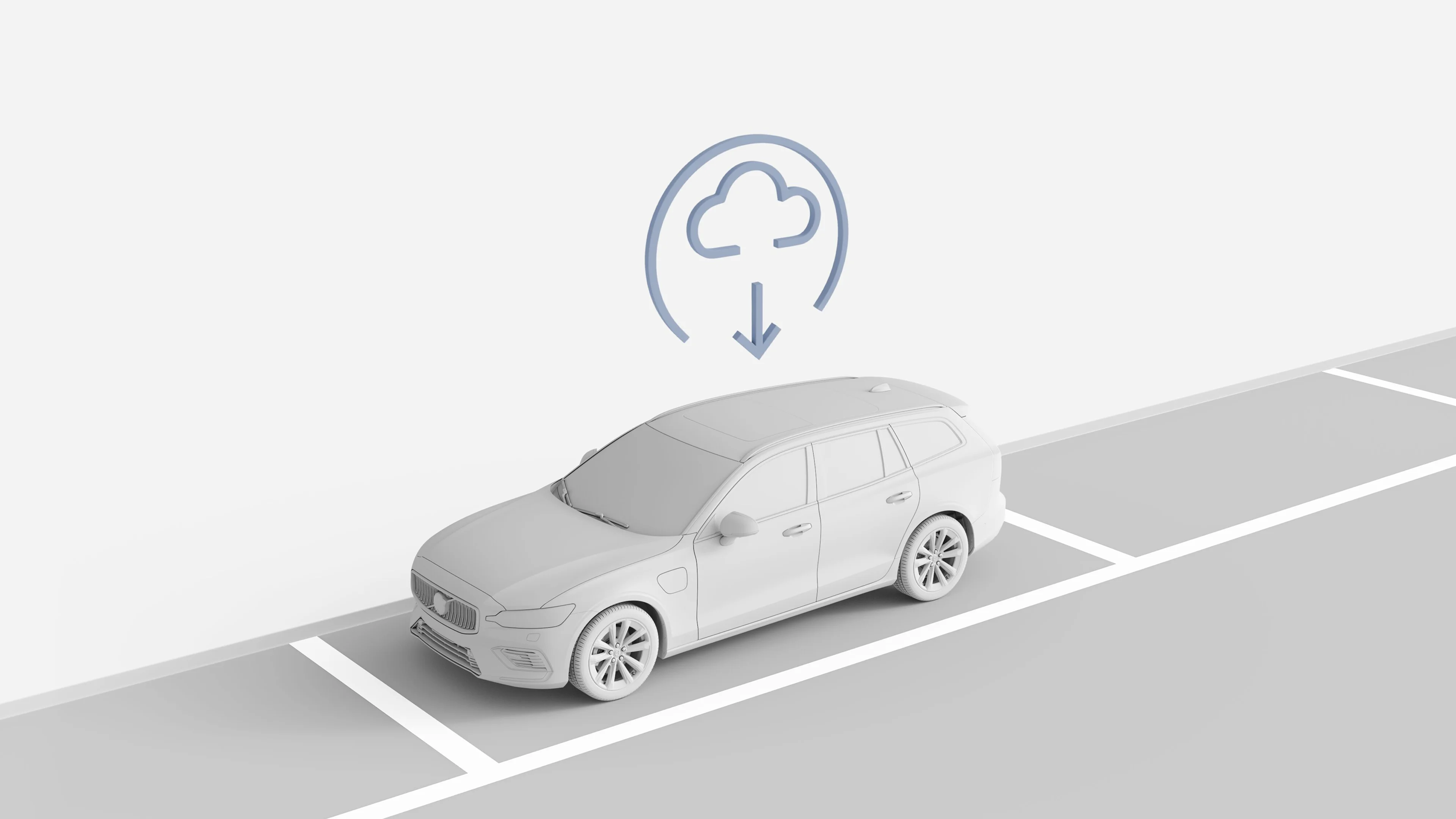 Illustration d’une Volvo car sur une place de parking, avec une icône en forme de nuage représentant les mises à jour à distance.