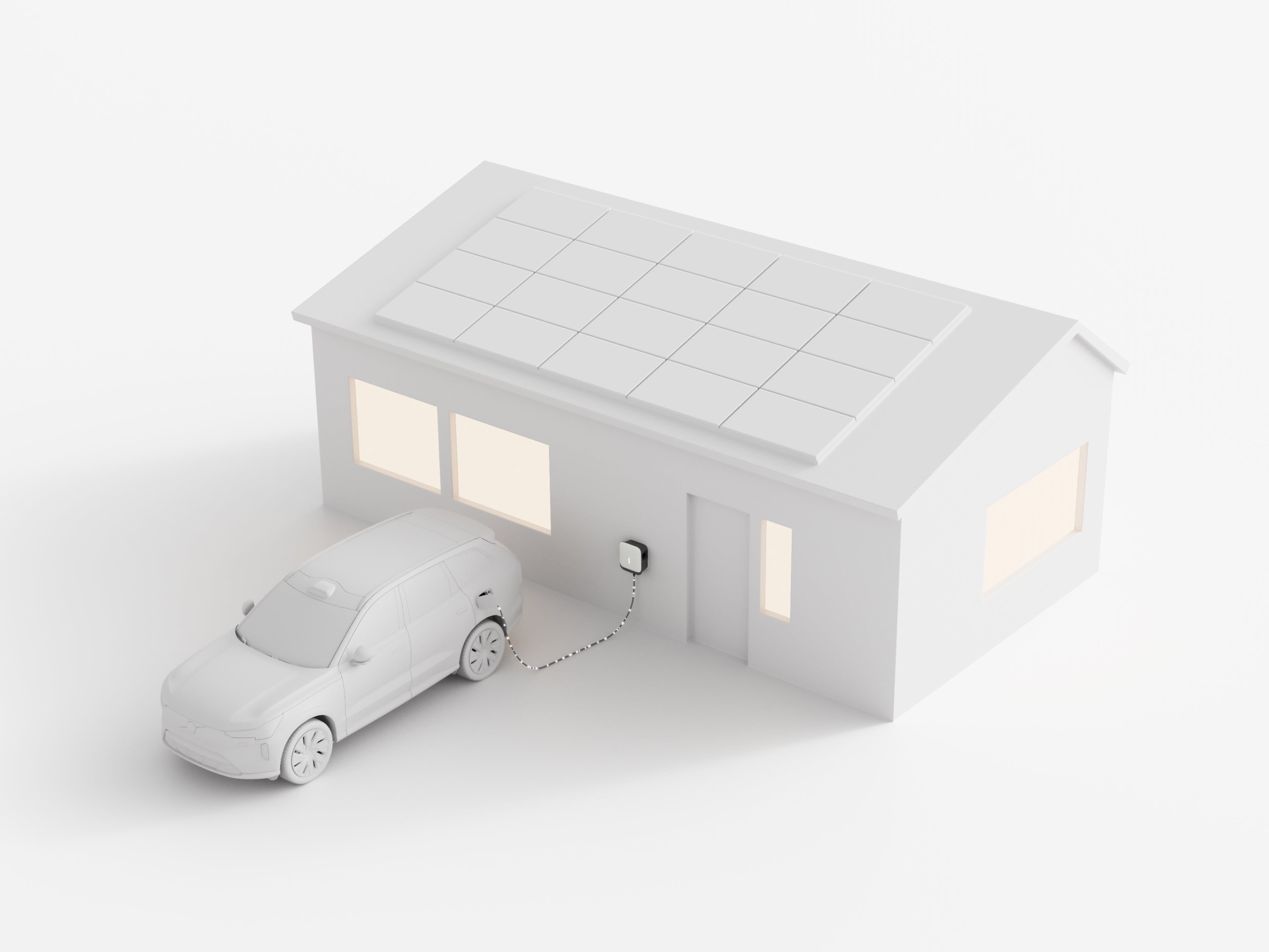 Bovenaanzicht van twee Volvo ES90's die geparkeerd staan en via kabels met elkaar verbonden zijn, ter illustratie van bidirectioneel opladen.