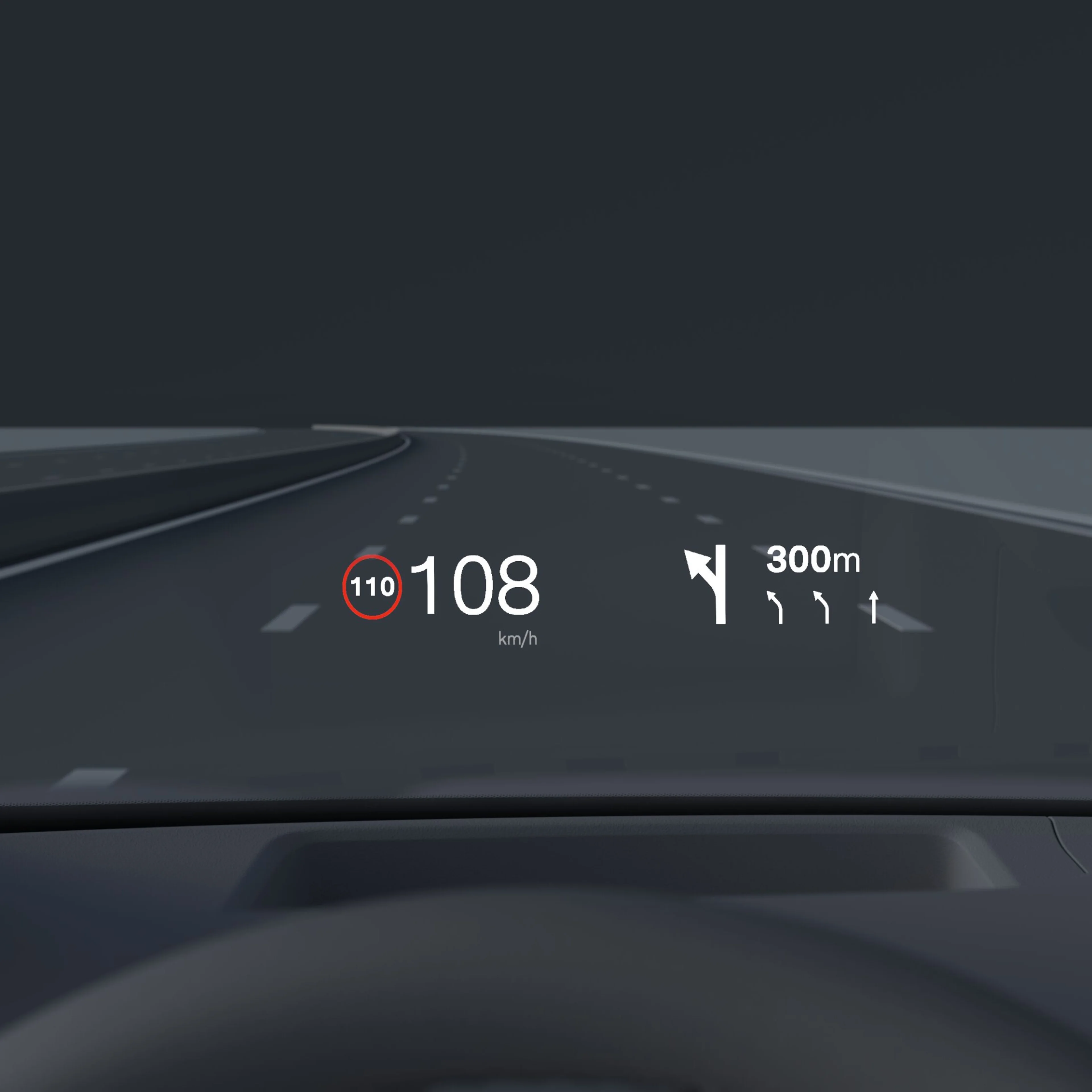Inside a Volvo, head-up display showing driving speed and navigation on the windshield.