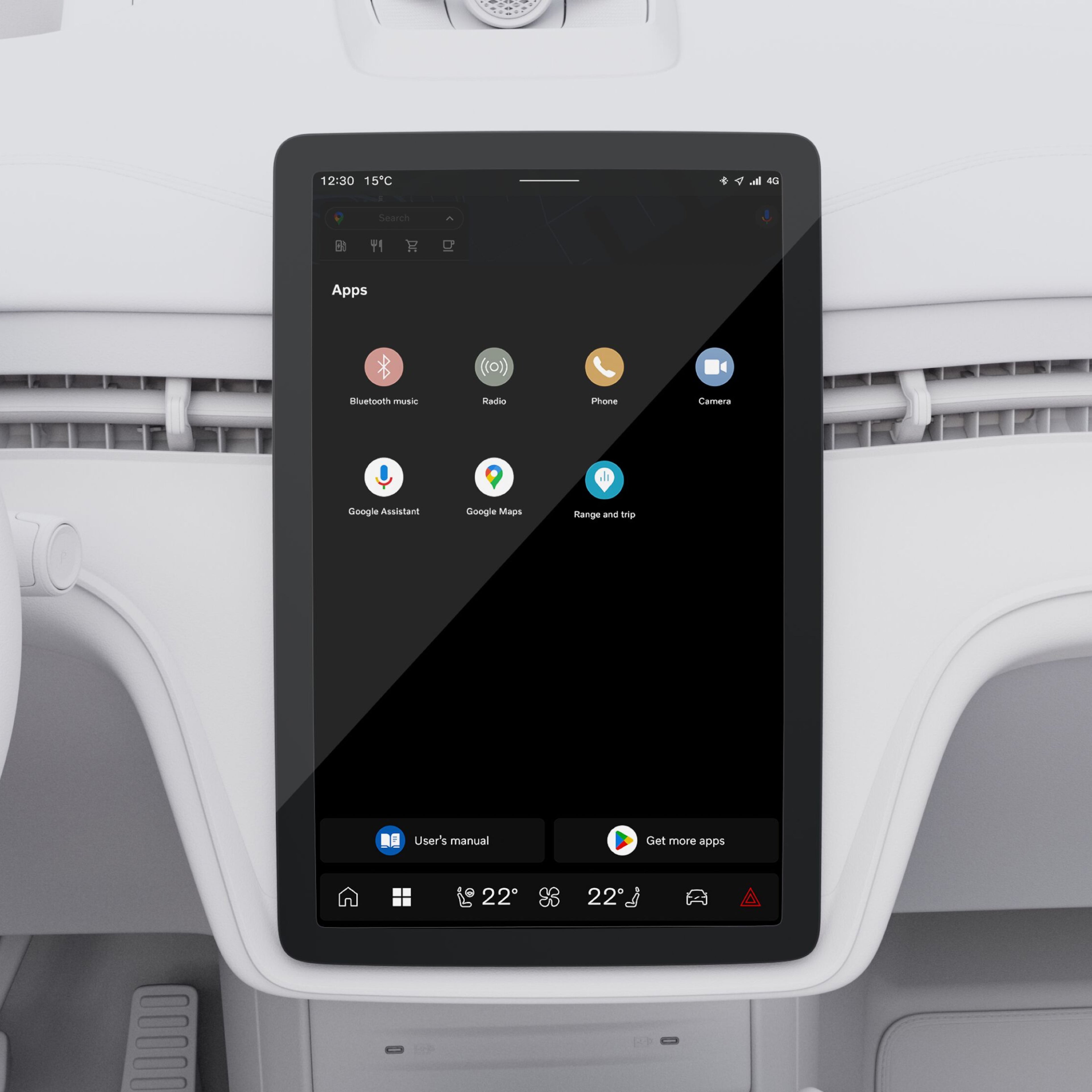 A close-up image of the touchscreen centre display viewed from the cabin’s rear seats. The screen displays Google Maps.