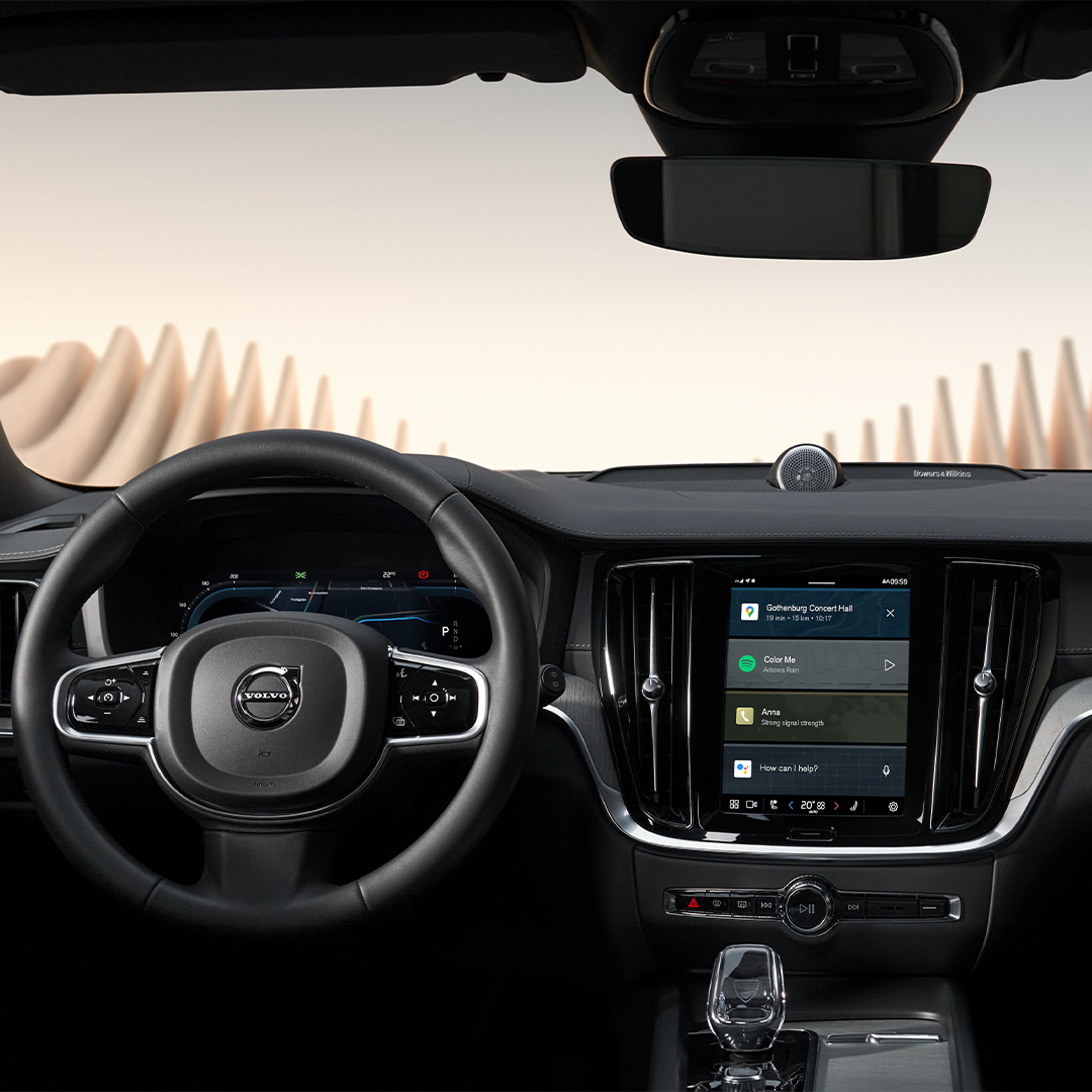 Groothoekbeeld van het dashboard, stuur, instrumentenpaneel en infotainmentscherm van de Volvo V60 Cross Country.