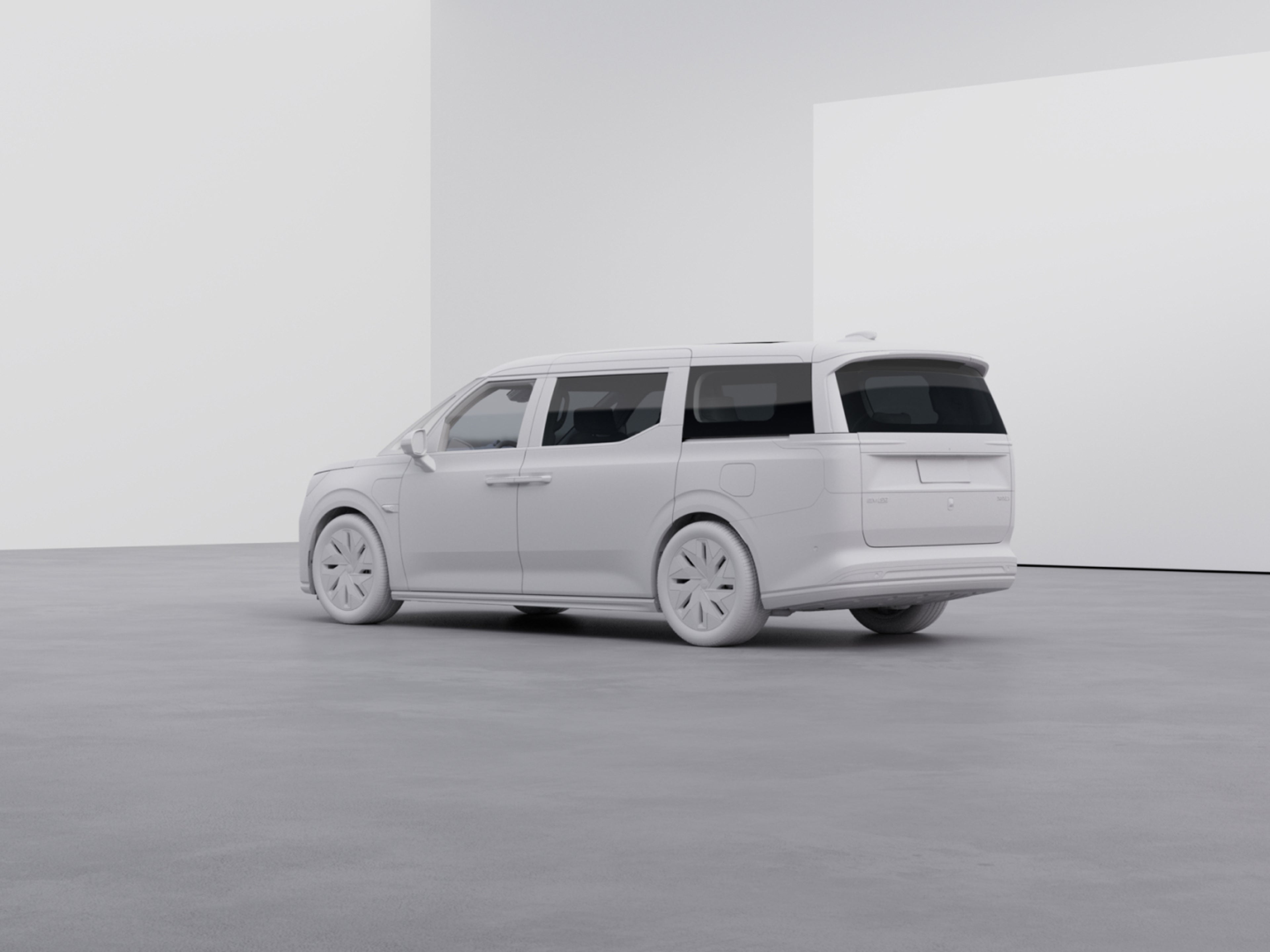 Image of the Volvo EM90 with the rear tinted windows highlighted for emphasis.