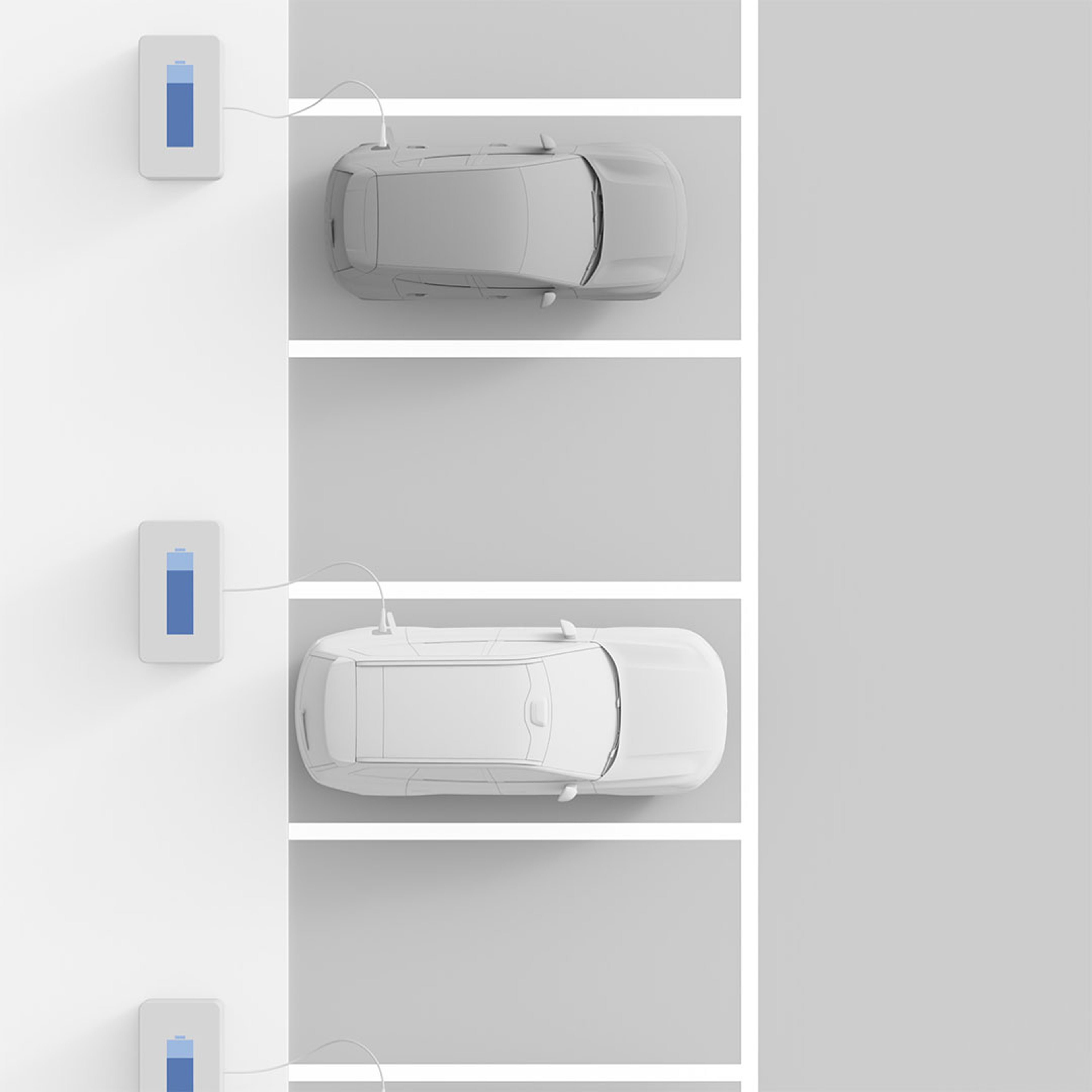 Top view of Volvo cars parked and plugged into a charging station, showcasing seamless public charging.