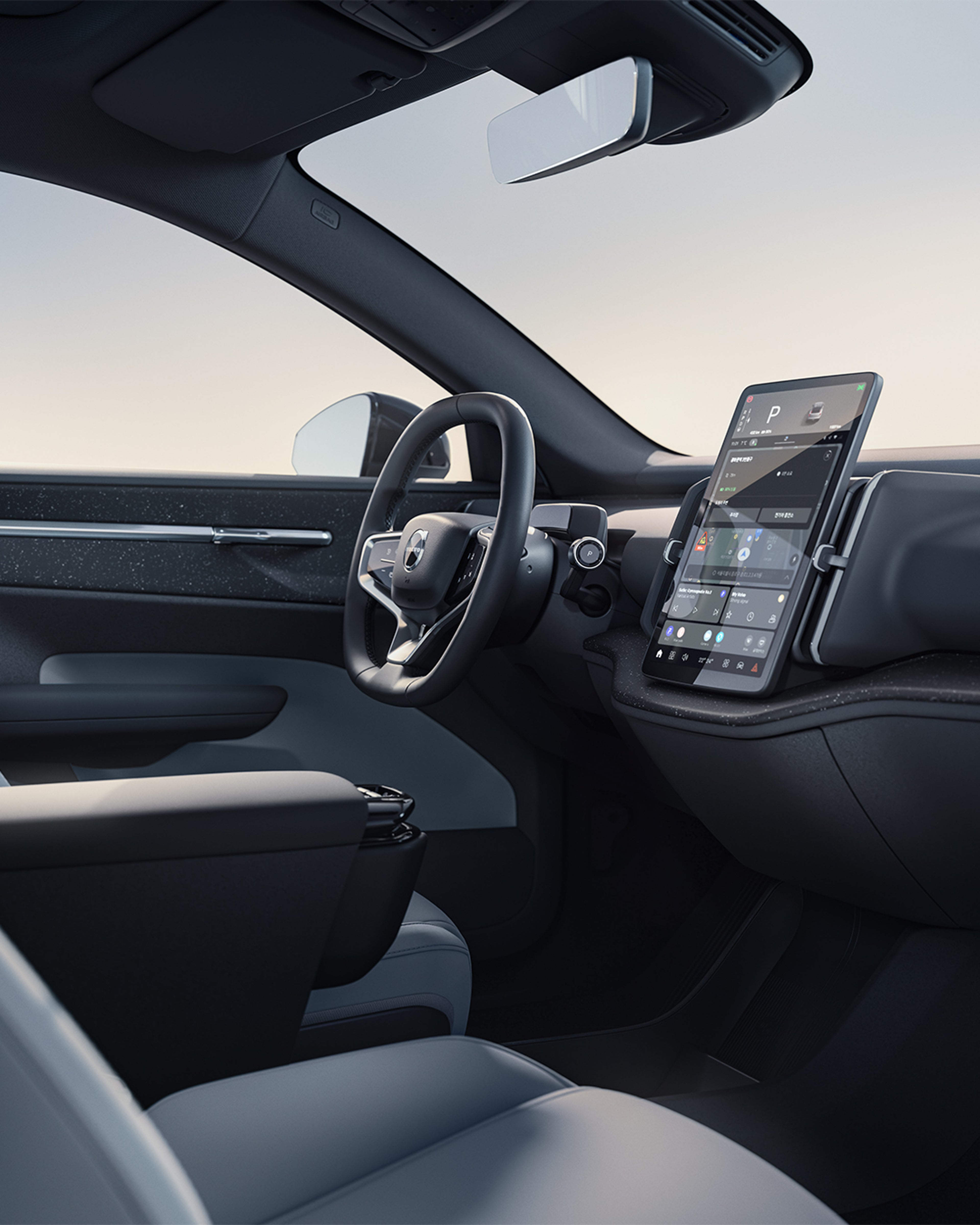 소형 순수 전기 EX30 SUV의 조종석.