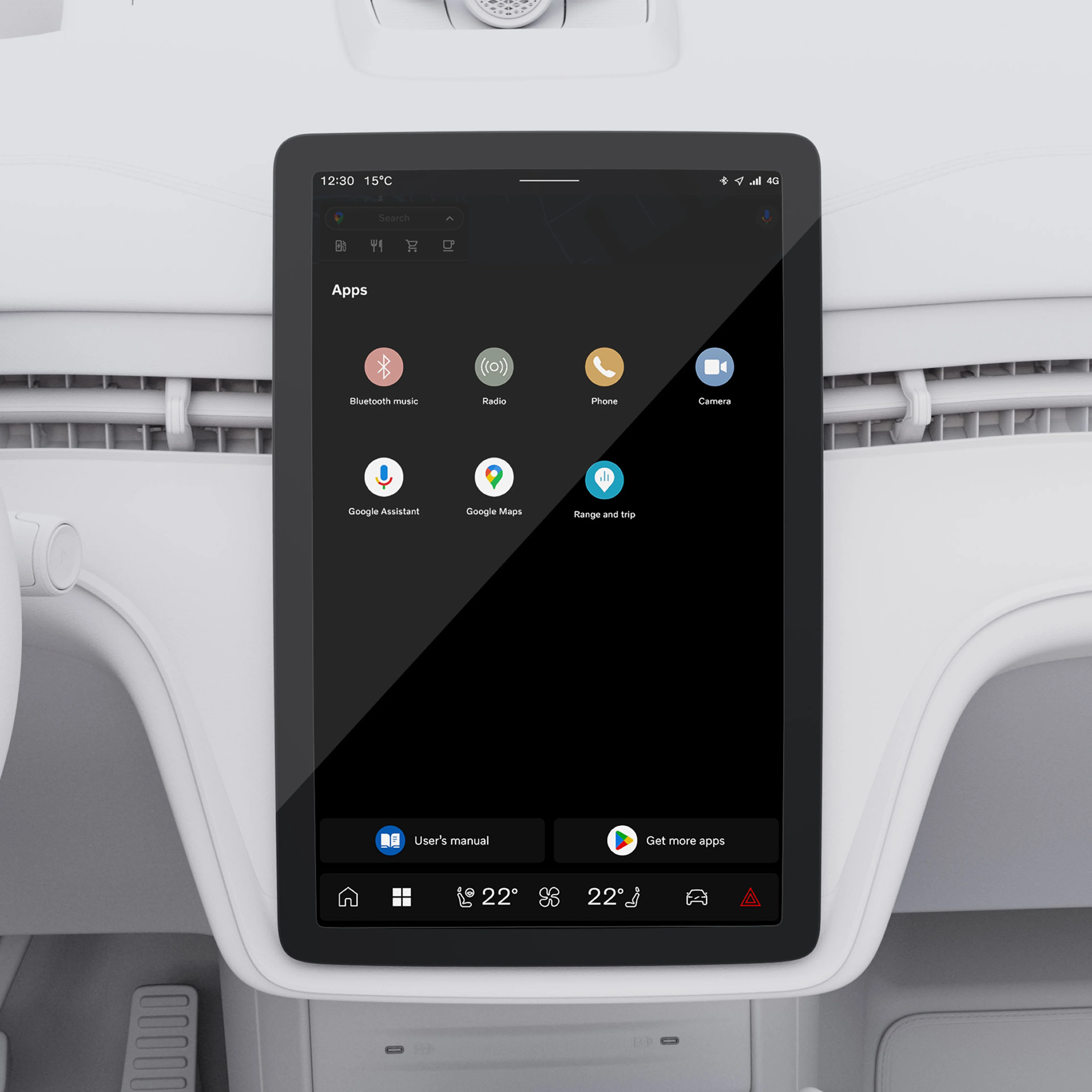 Fristående centerdisplay i Volvo EX90 som visar navigering, media och reglage på en elegant pekskärm.