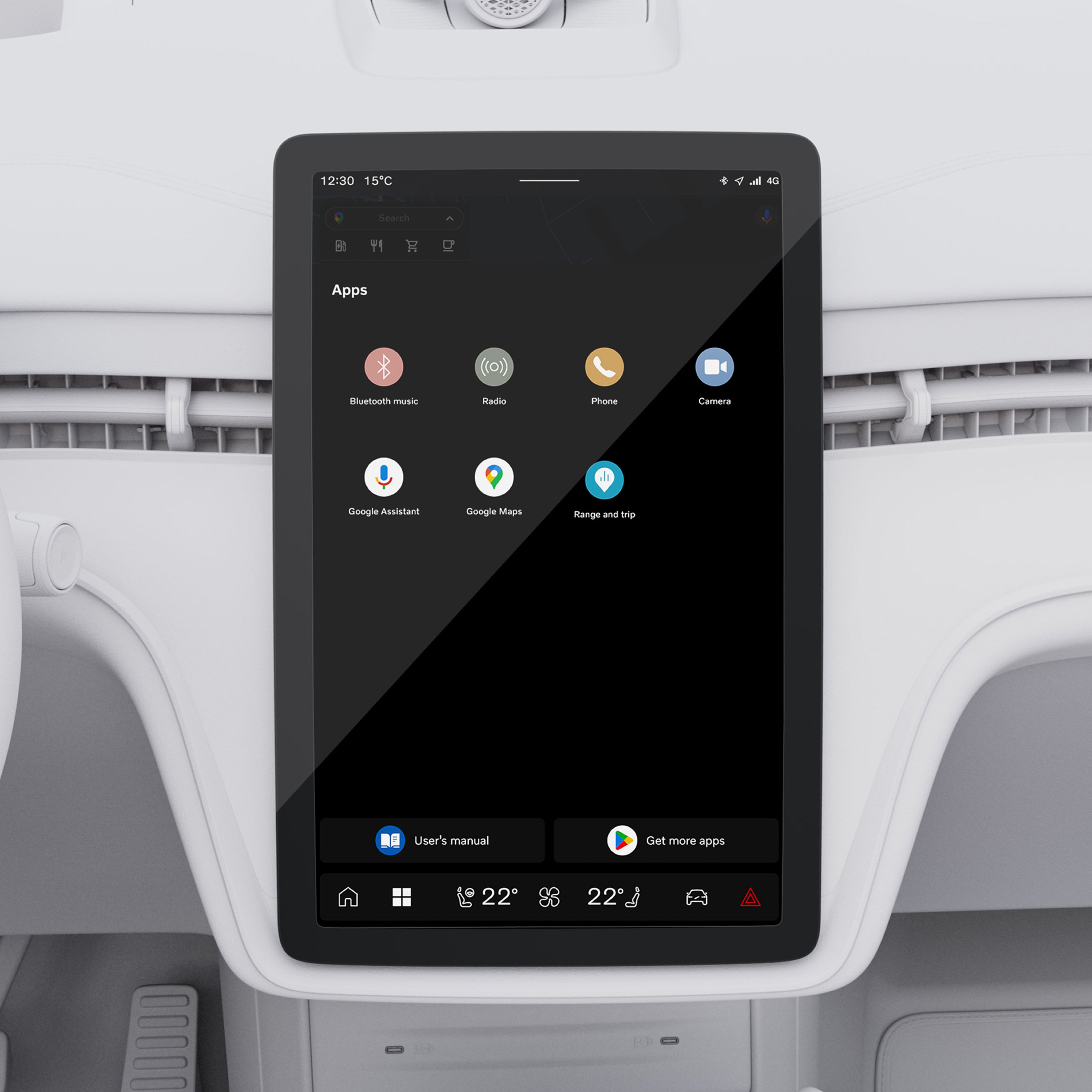 Free-standing centre display in the Volvo EX90 showcasing navigation, media, and controls on a sleek touchscreen.
