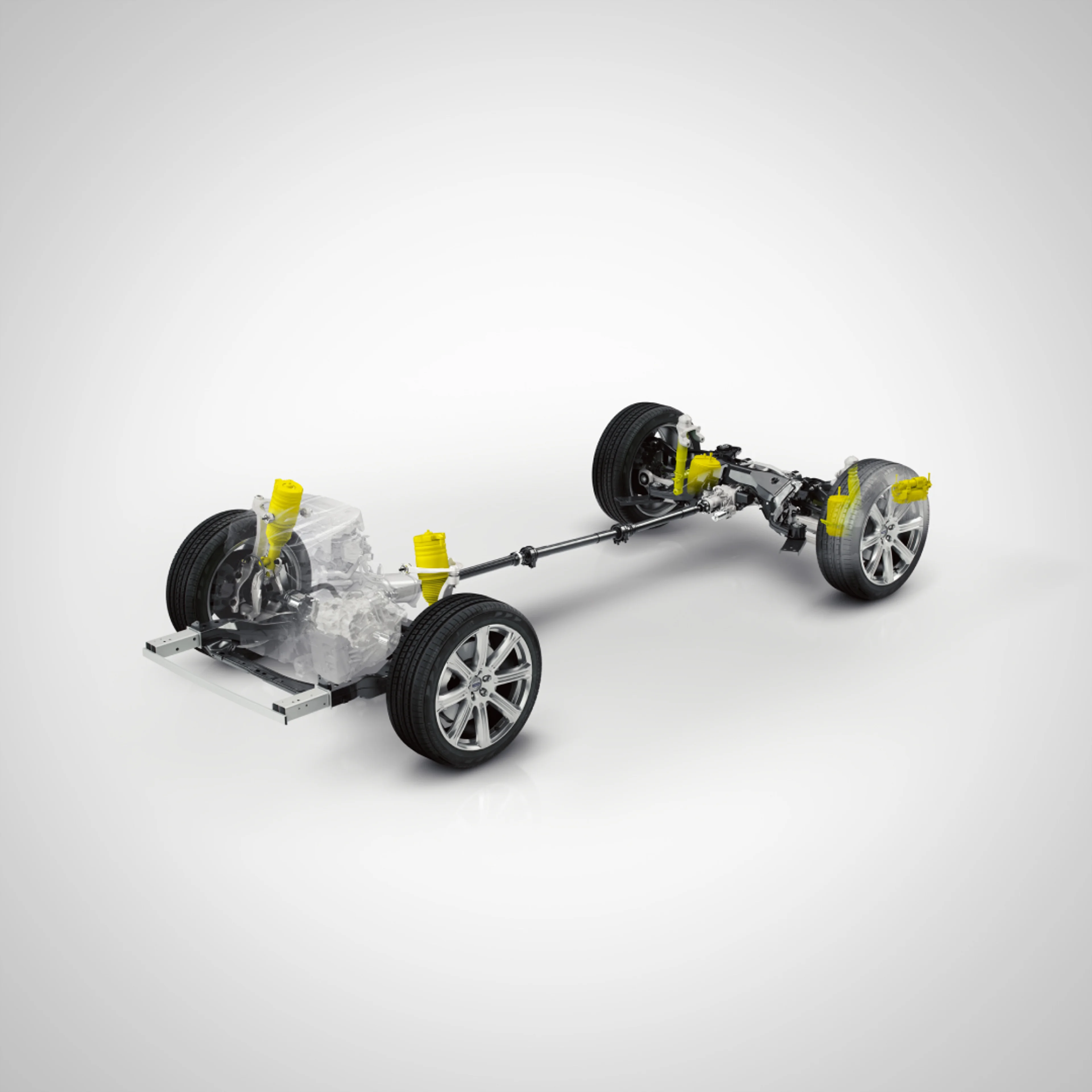 Technical detail image of air suspension and shock absorbers on a Volvo XC60 plug-in hybrid.