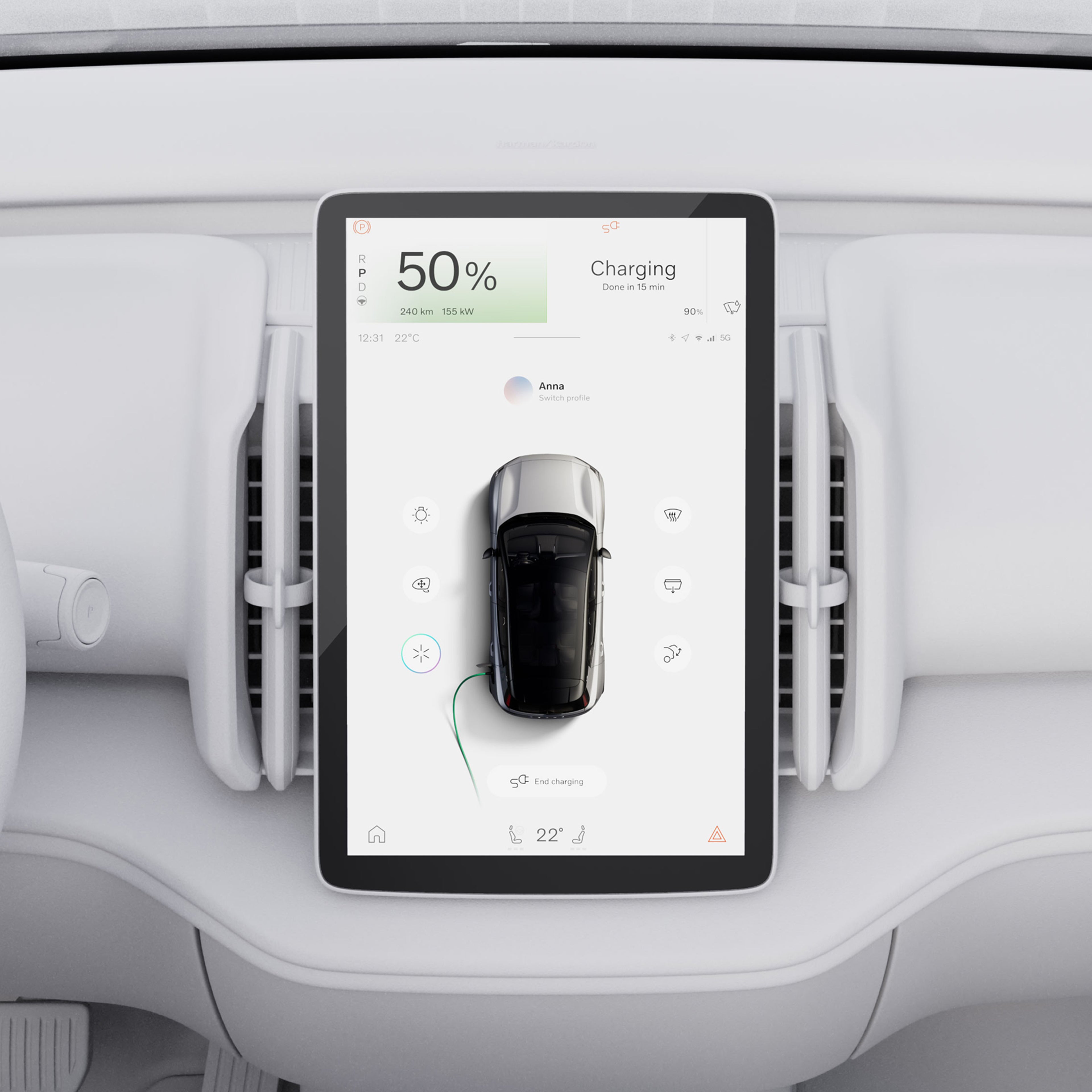 Close-up illustration of the Volvo EX30 center display, highlighting charging mode.