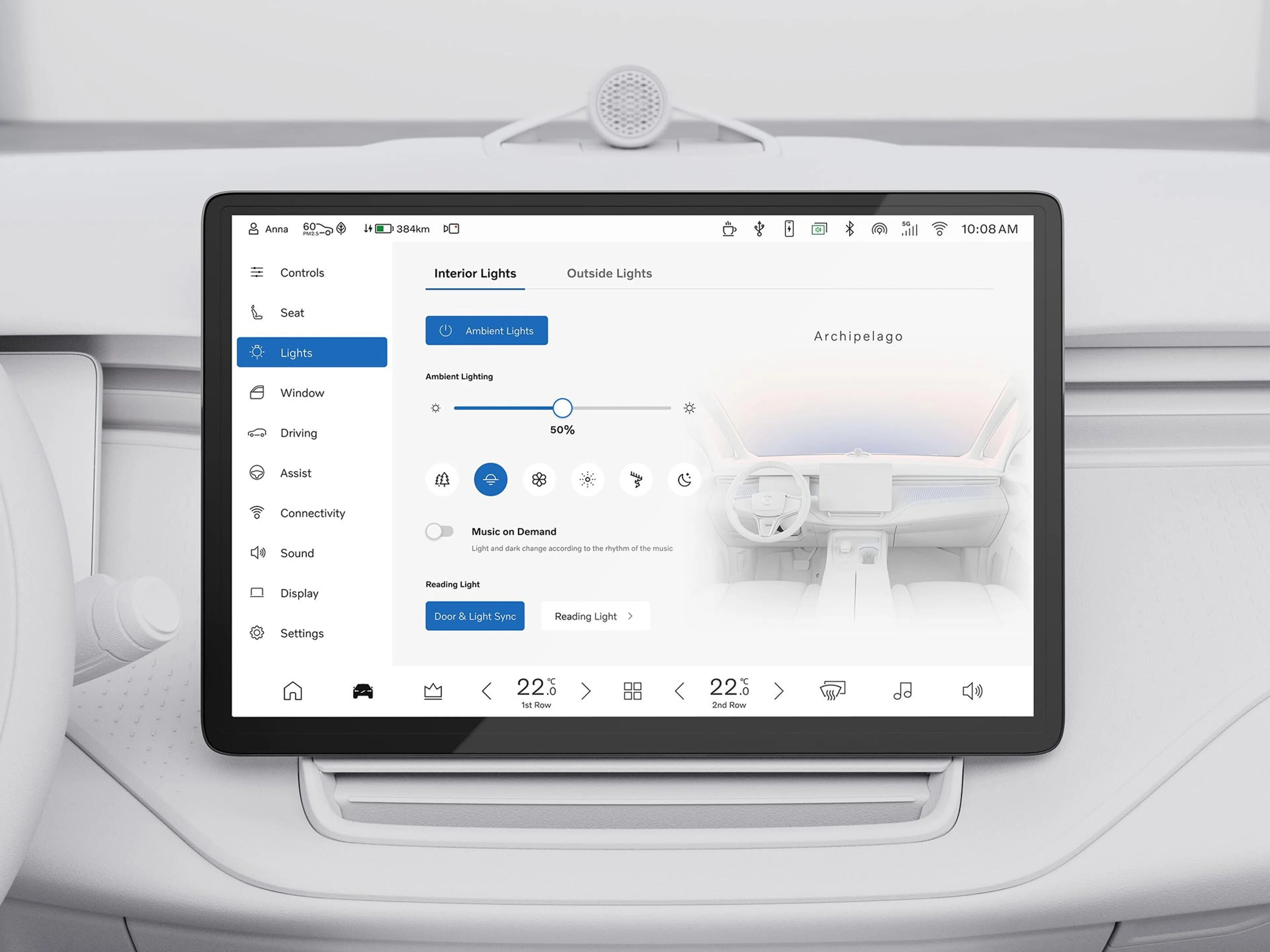 An image of the user interface that allows the driver and passengers in the Volvo EM90 to select an ambience theme.
