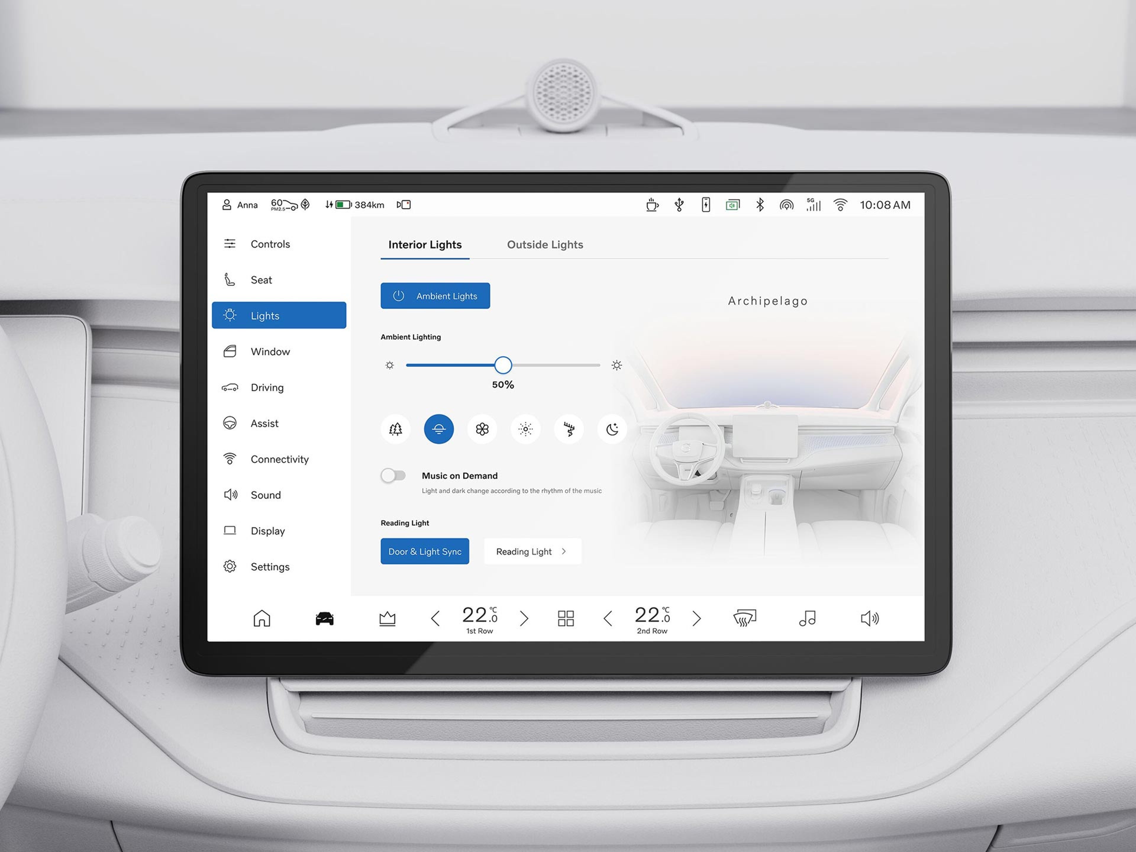 An image of the user interface that allows the driver and passengers in the Volvo EM90 to select an ambience theme.