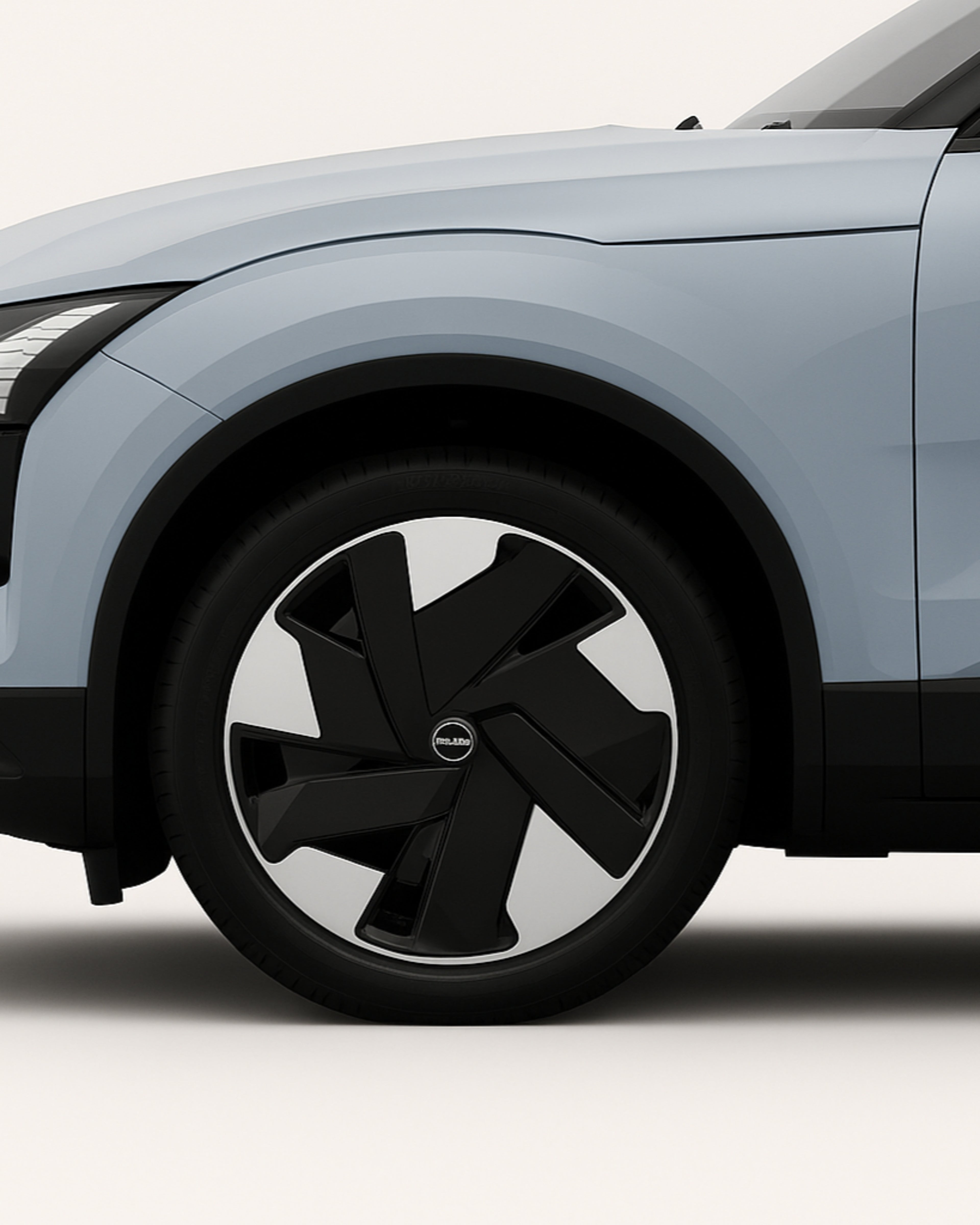 Close-up of the front wheel of the Volvo EX30.