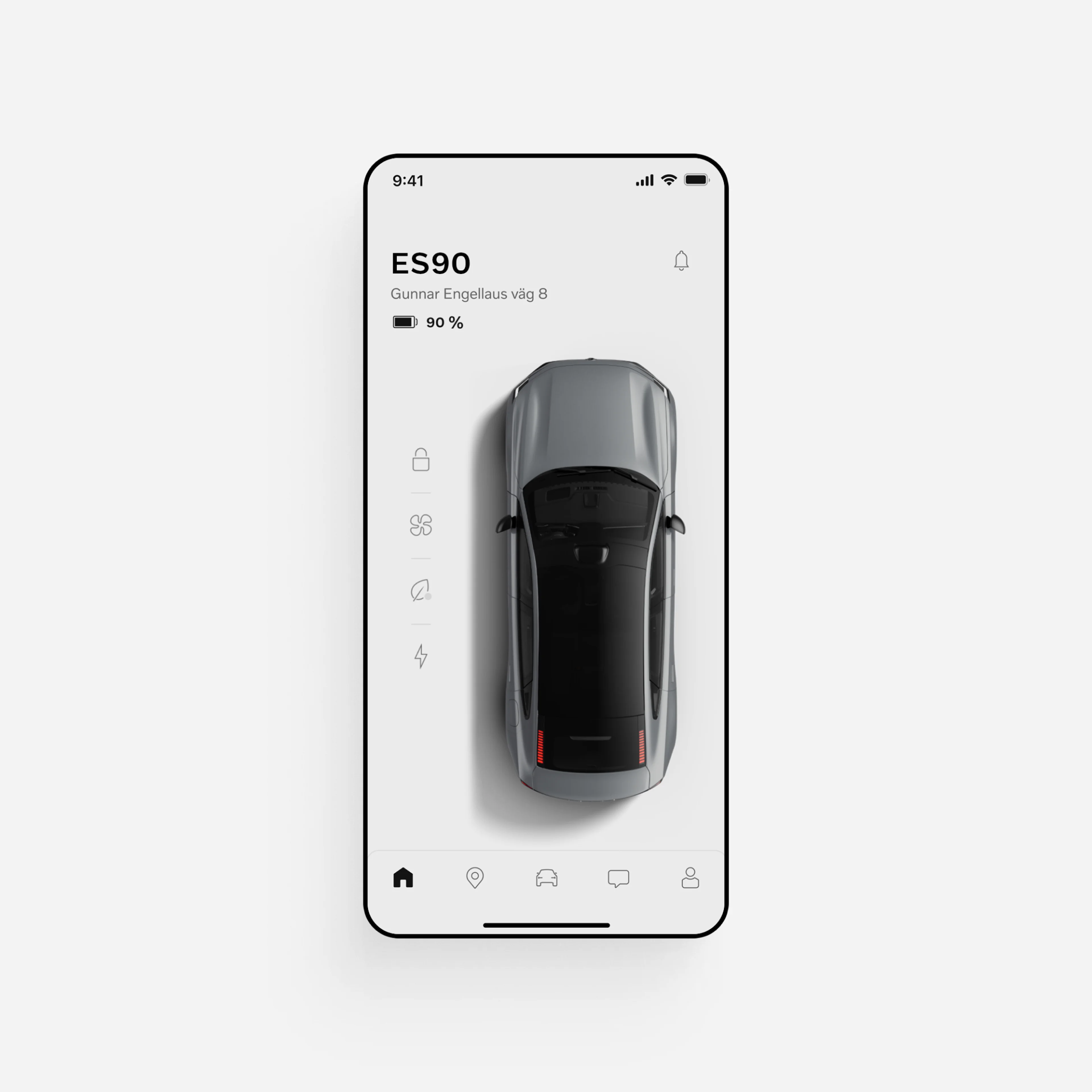 Der Mobiltelefonbildschirm mit der Volvo ES90 App zeigt den Fahrzeugstatus mit unverschlossener Tür und geöffnetem Fenster an.