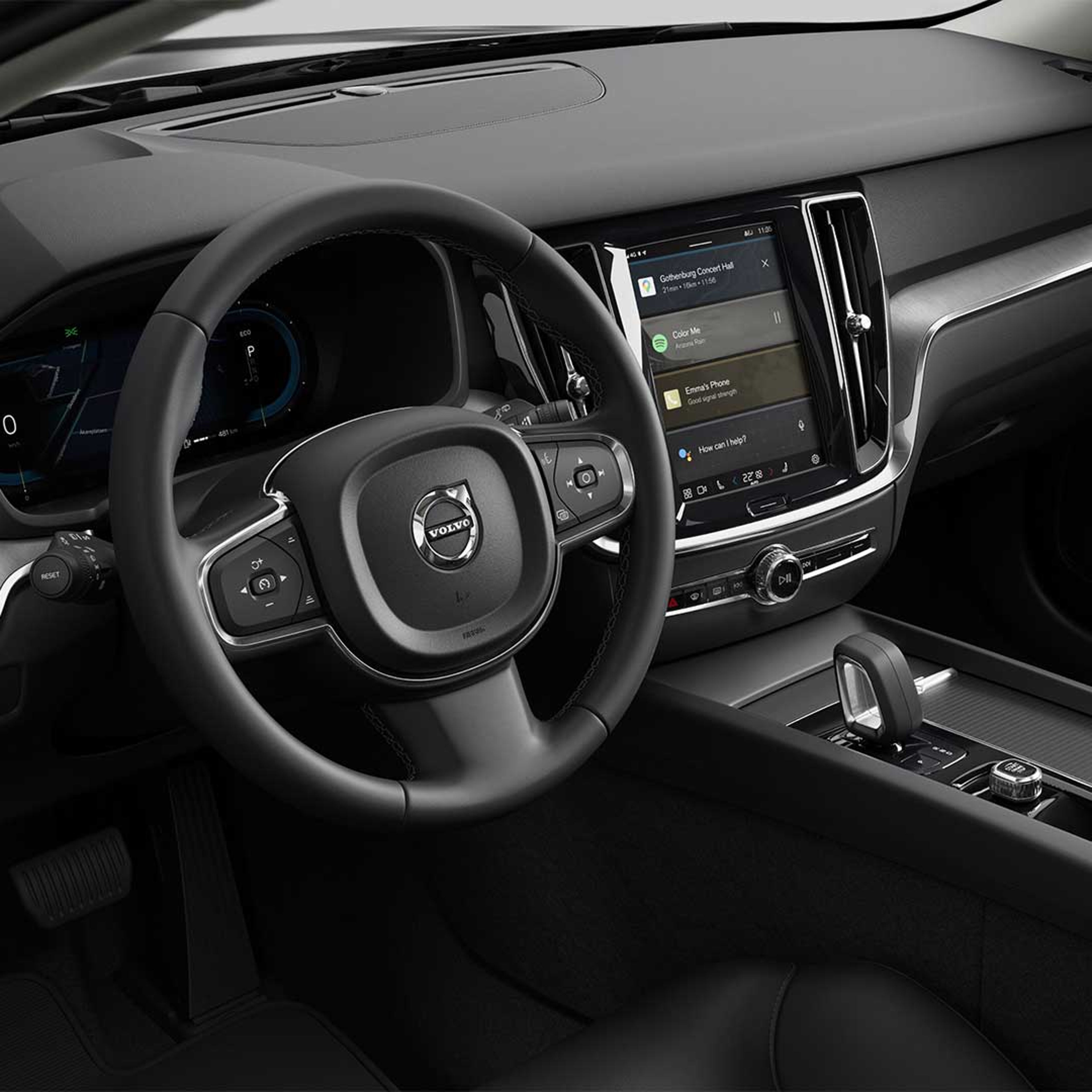 The Volvo S60 mild hybrid’s steering wheel, instrument panel, centre console and infotainment touchscreen.