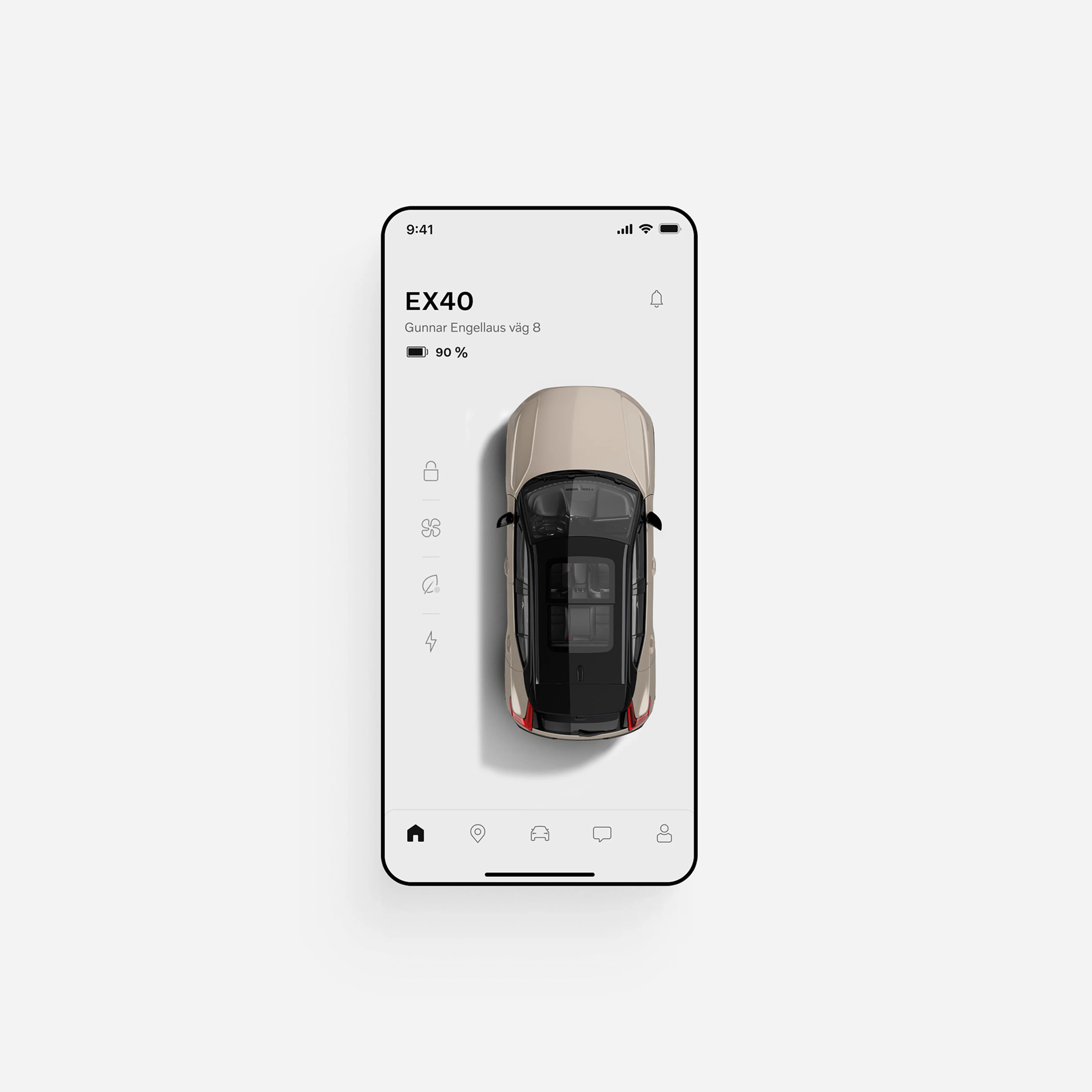 Illustration of a mobile phone screen displaying the Volvo EX40 app.