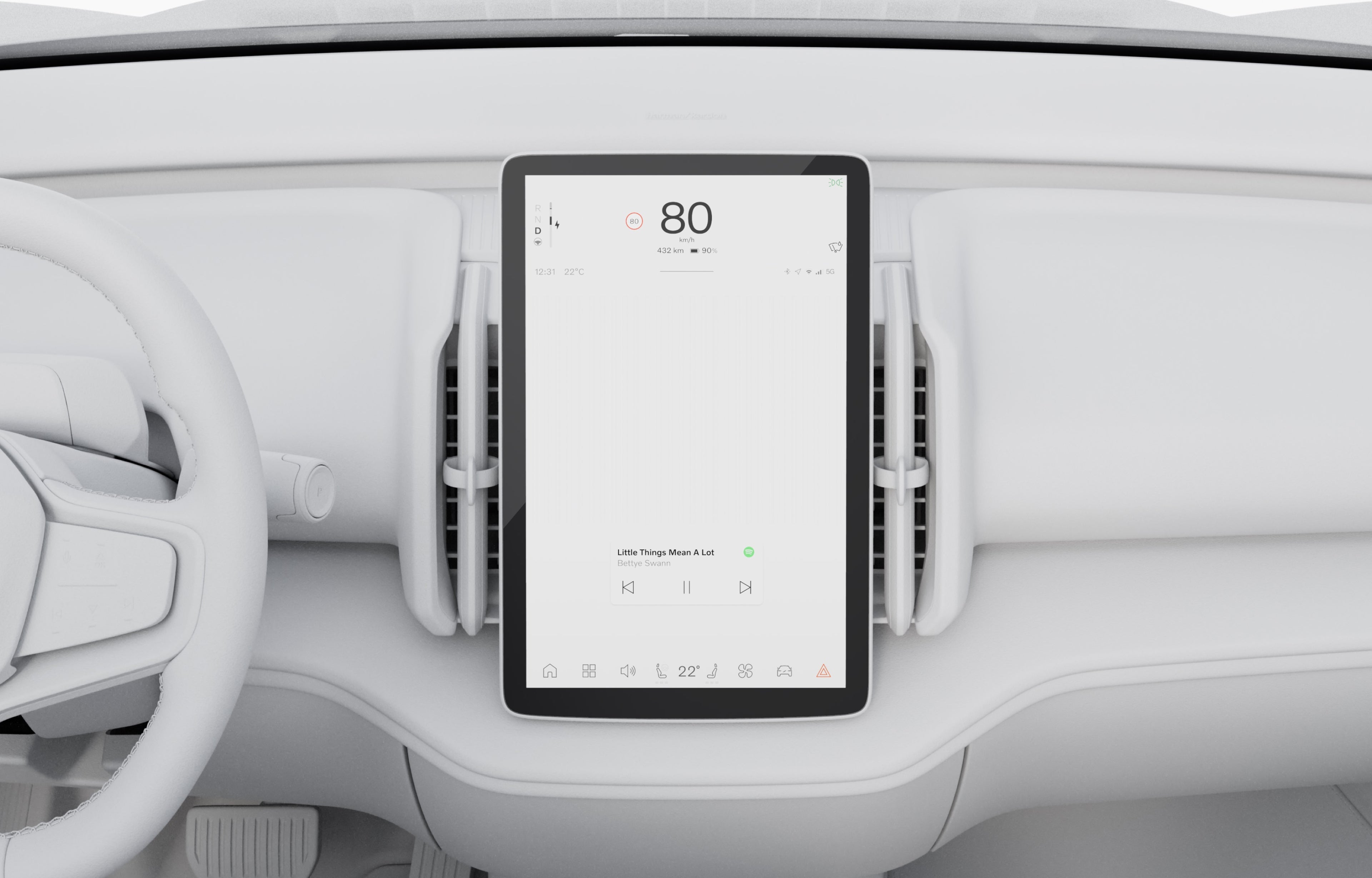 Imagem do mostrador central com ecrã táctil de 12,3 polegadas e alta definição do EX30, estilo tablet, no modo calmo.