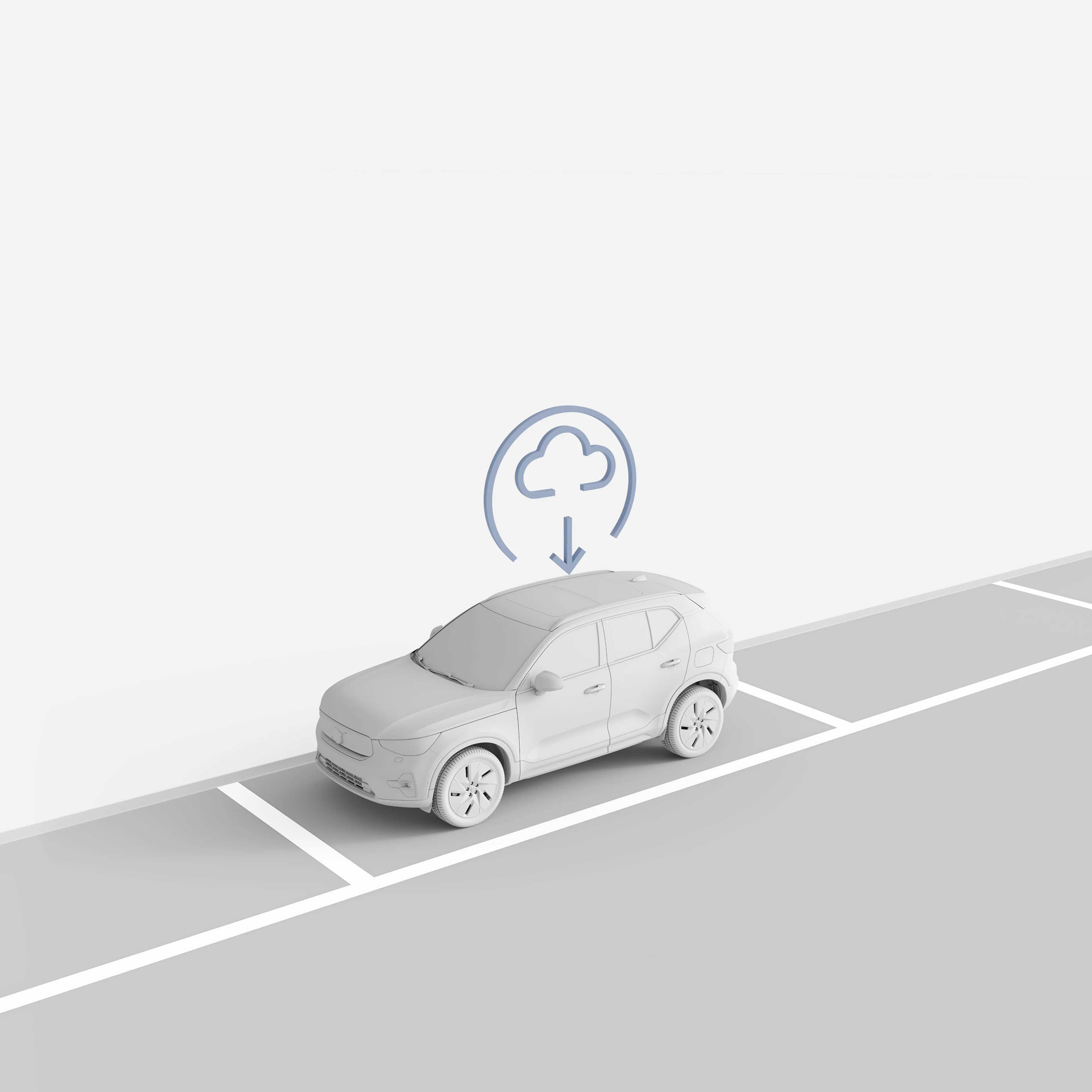 Illustration of the Volvo EX40 in a parking spot, with a cloud icon representing over-the-air updates.