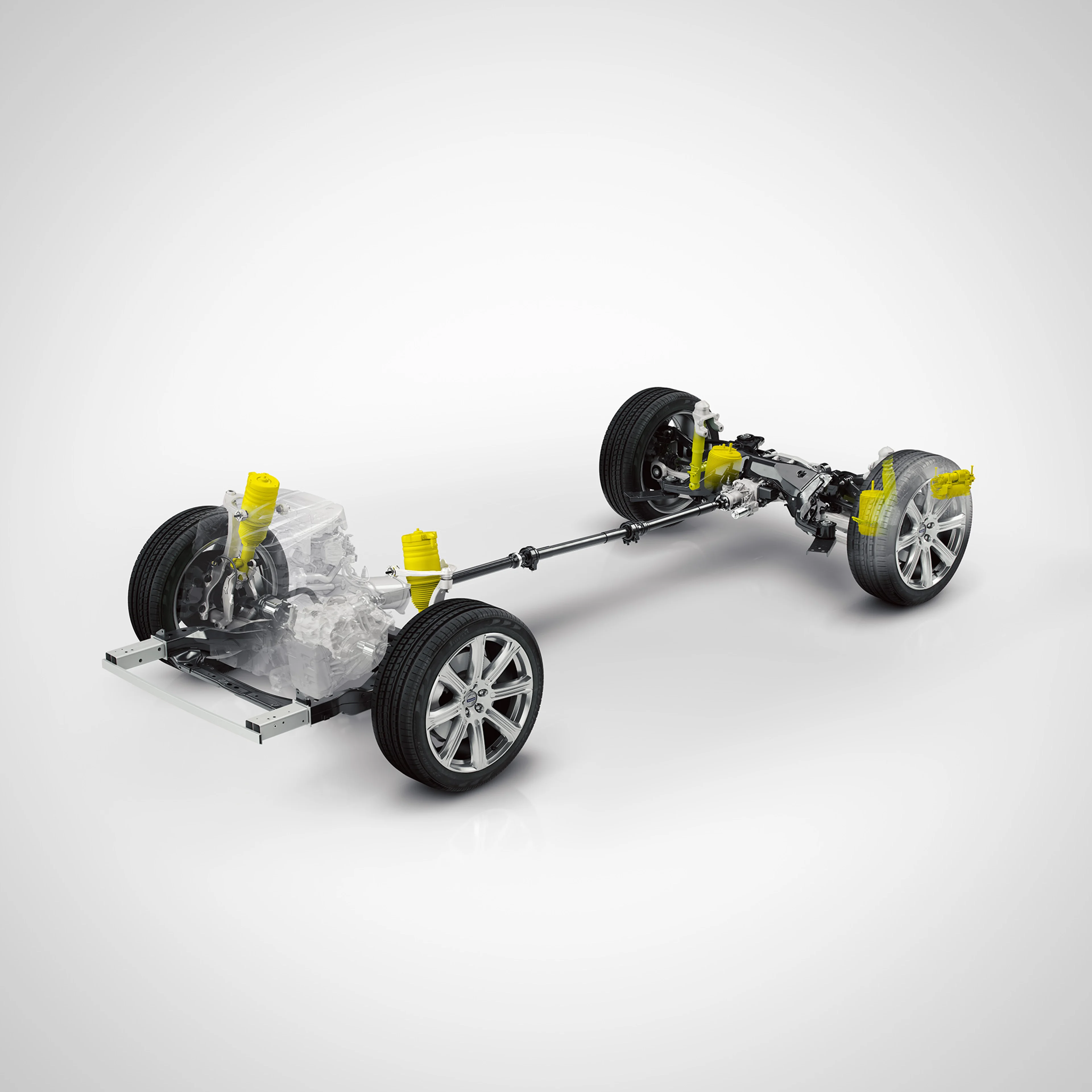 Imagen de detalle técnico de la suspensión neumática y los amortiguadores de un Volvo XC90 Recharge.
