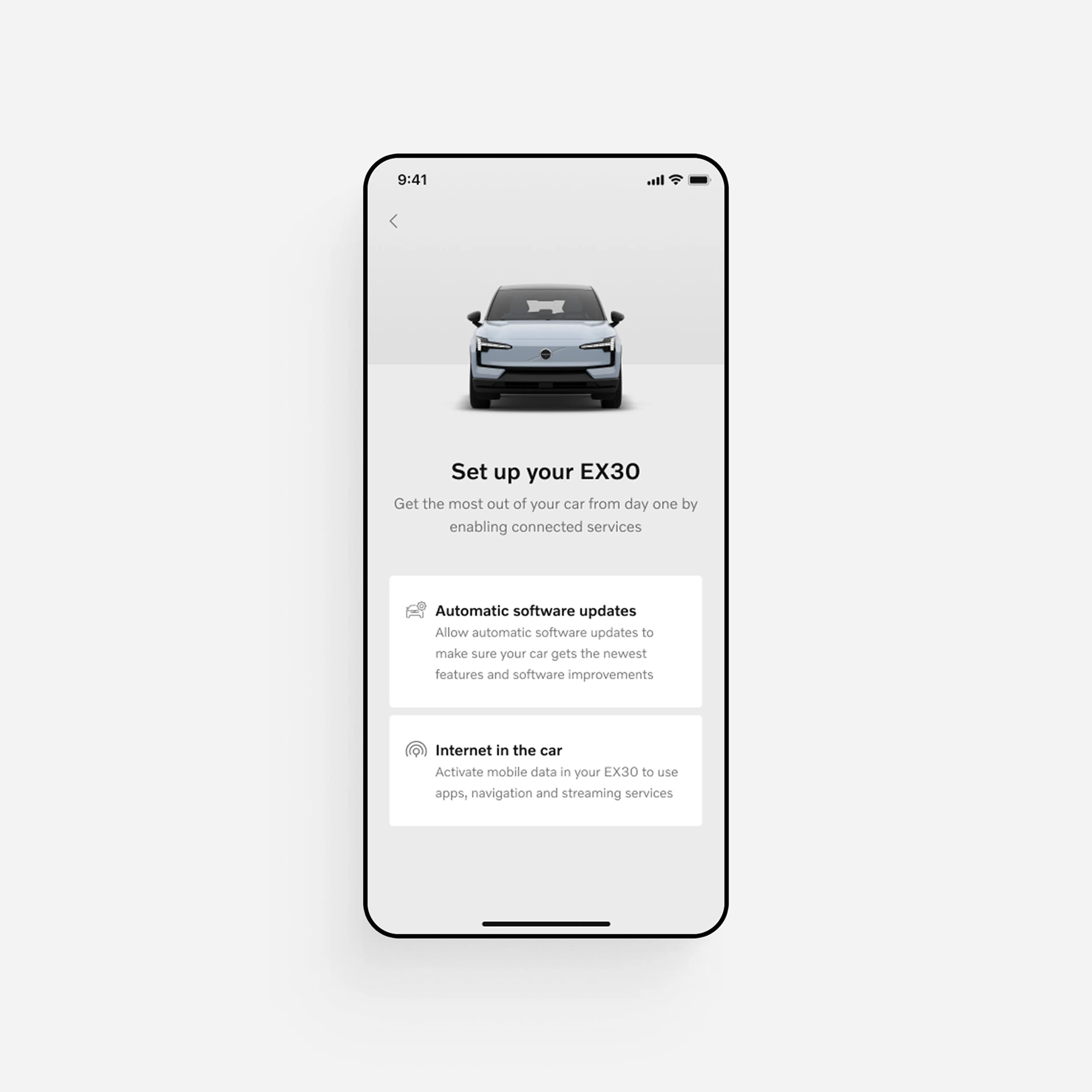 Mobiliojo telefono ekrane matoma Volvo EX30 programėlė, joje rodoma, kaip susieti automobilį.