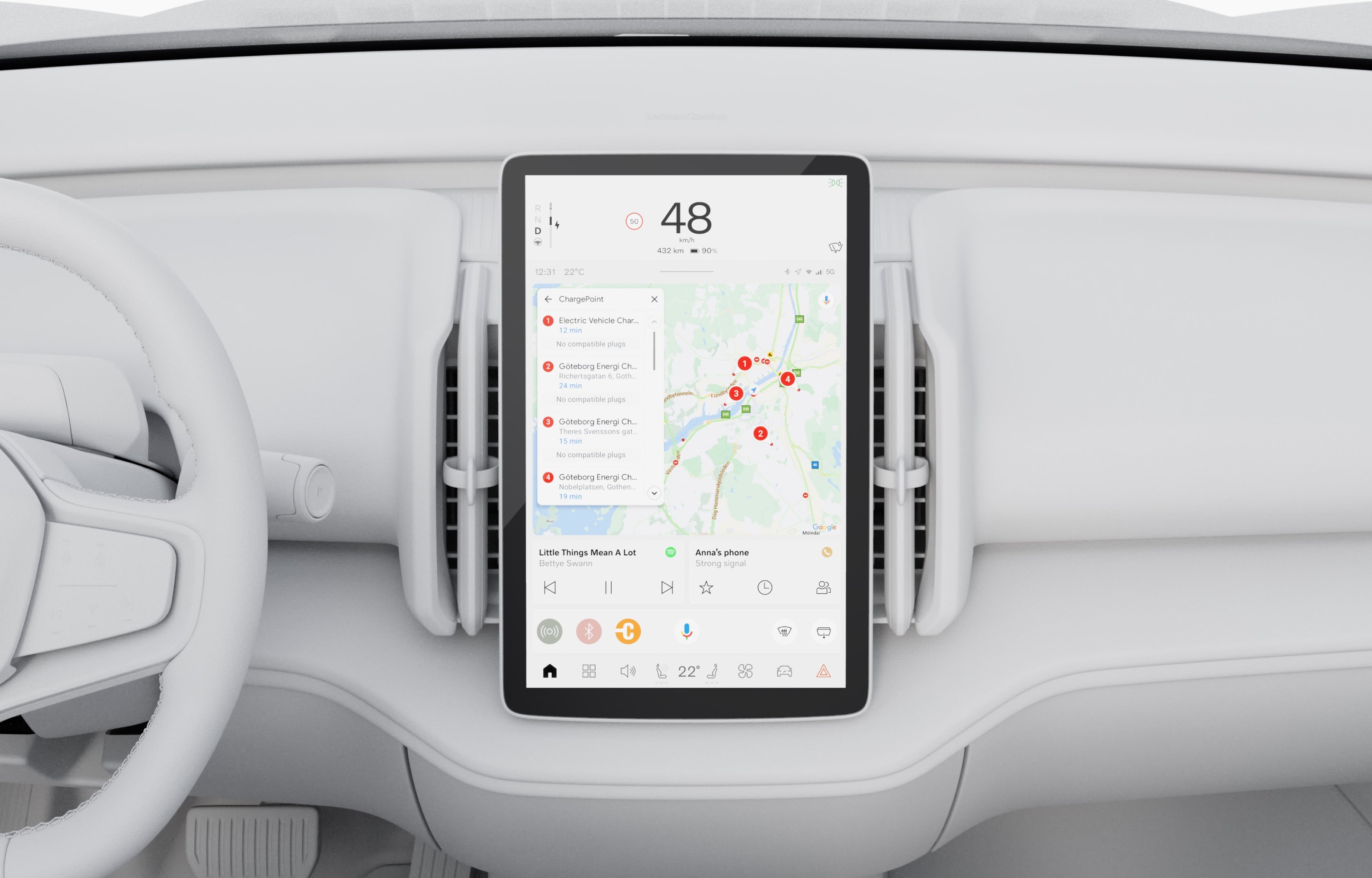 Imagem do mostrador central com ecrã táctil de 12,3 polegadas e alta definição do EX30, estilo tablet, com os respectivos lembretes de carregamento e postos de carregamento.