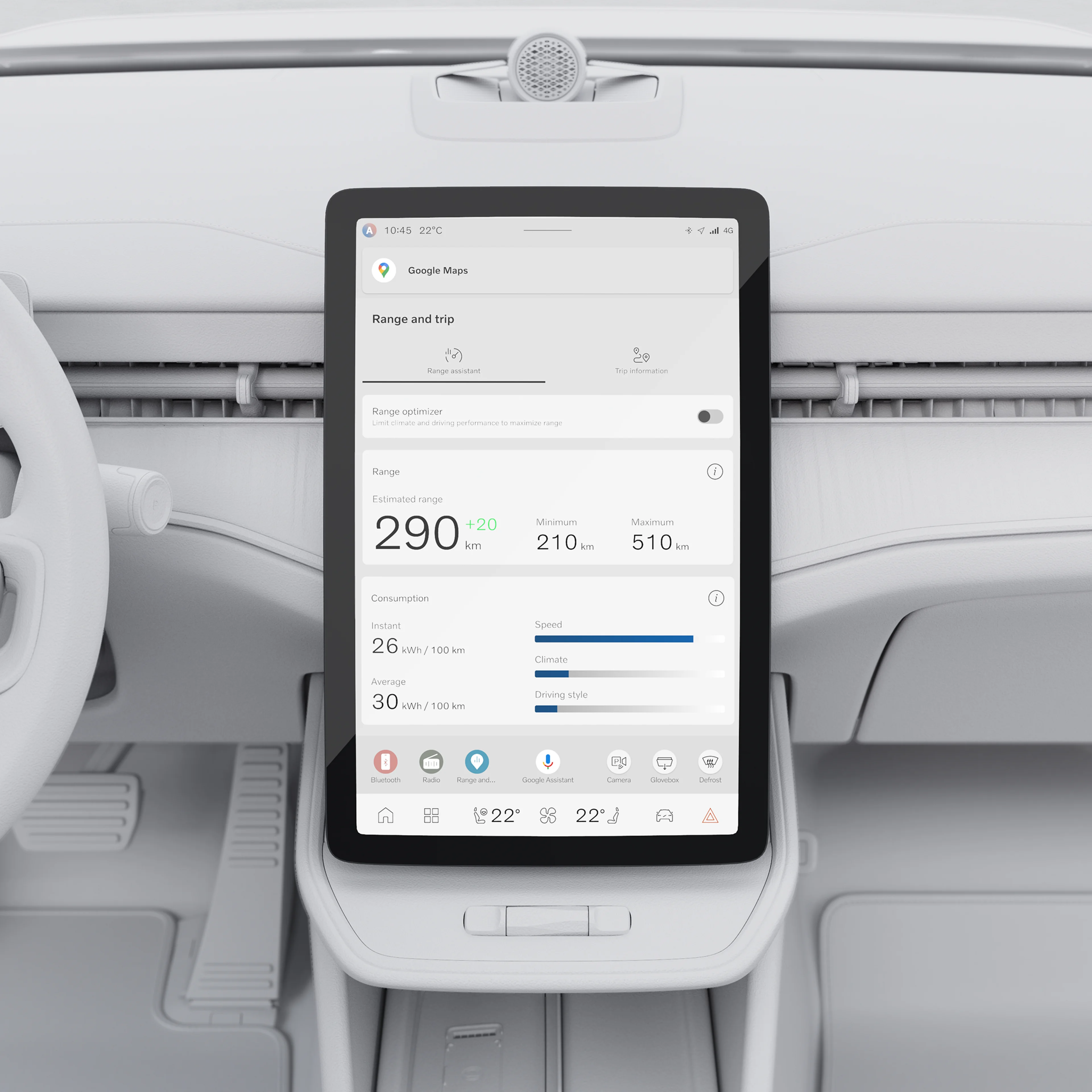 Nahaufnahme des zentralen Displays des Volvo ES90 mit App-Symbolen zur Reichweitenoptimierung.