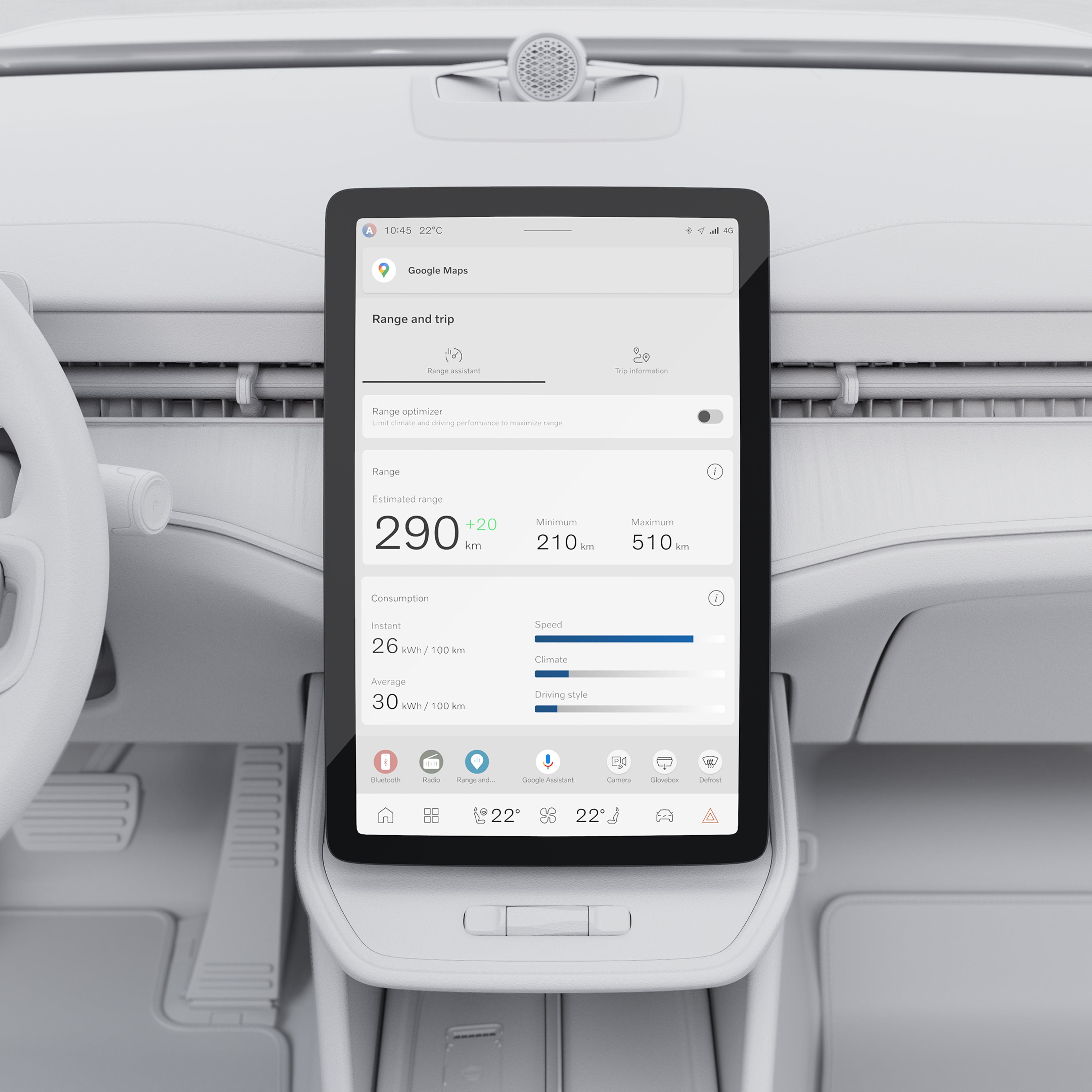 Close-up van het centrale display van de Volvo ES90 met app-pictogrammen voor optimale actieradius.