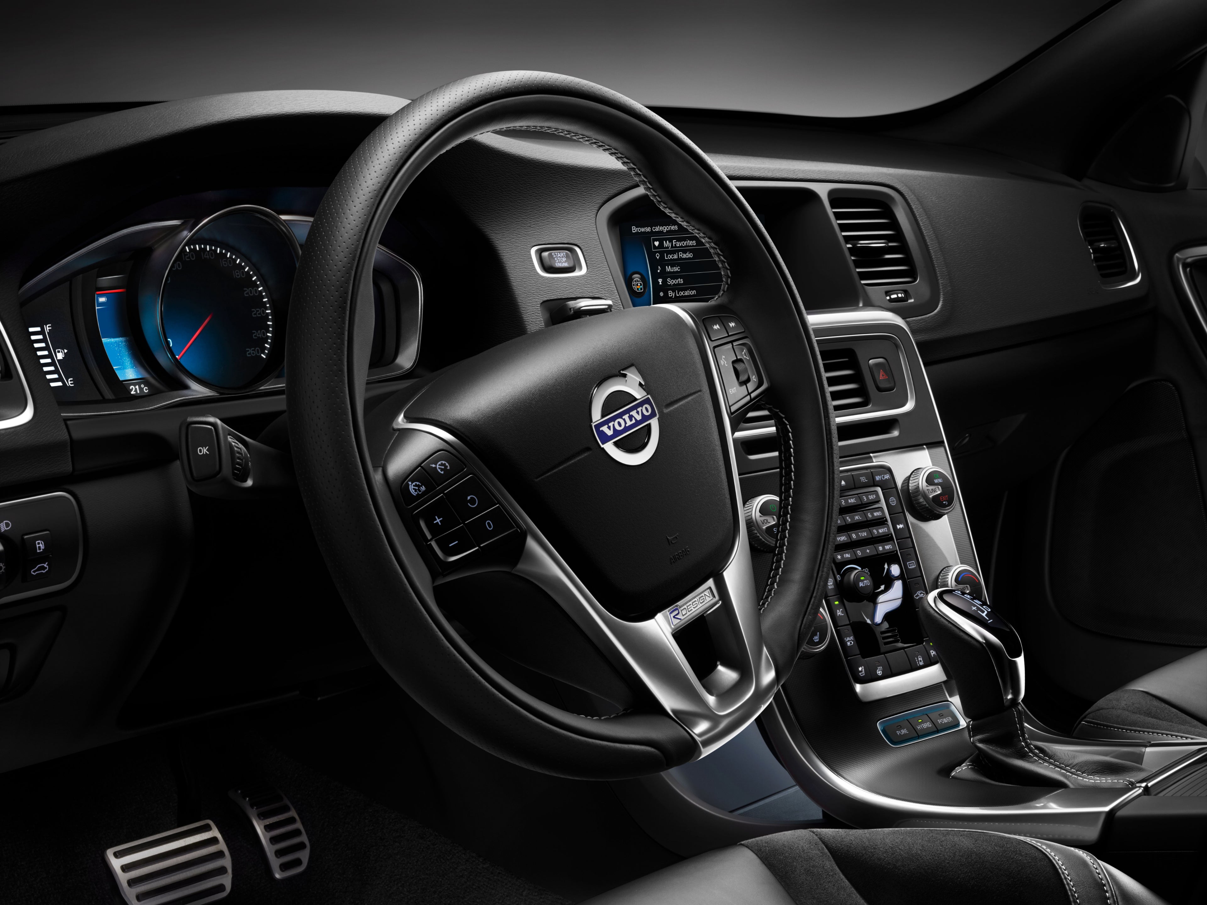 Image showing the steering wheel and the safety features of a Volvo V60.