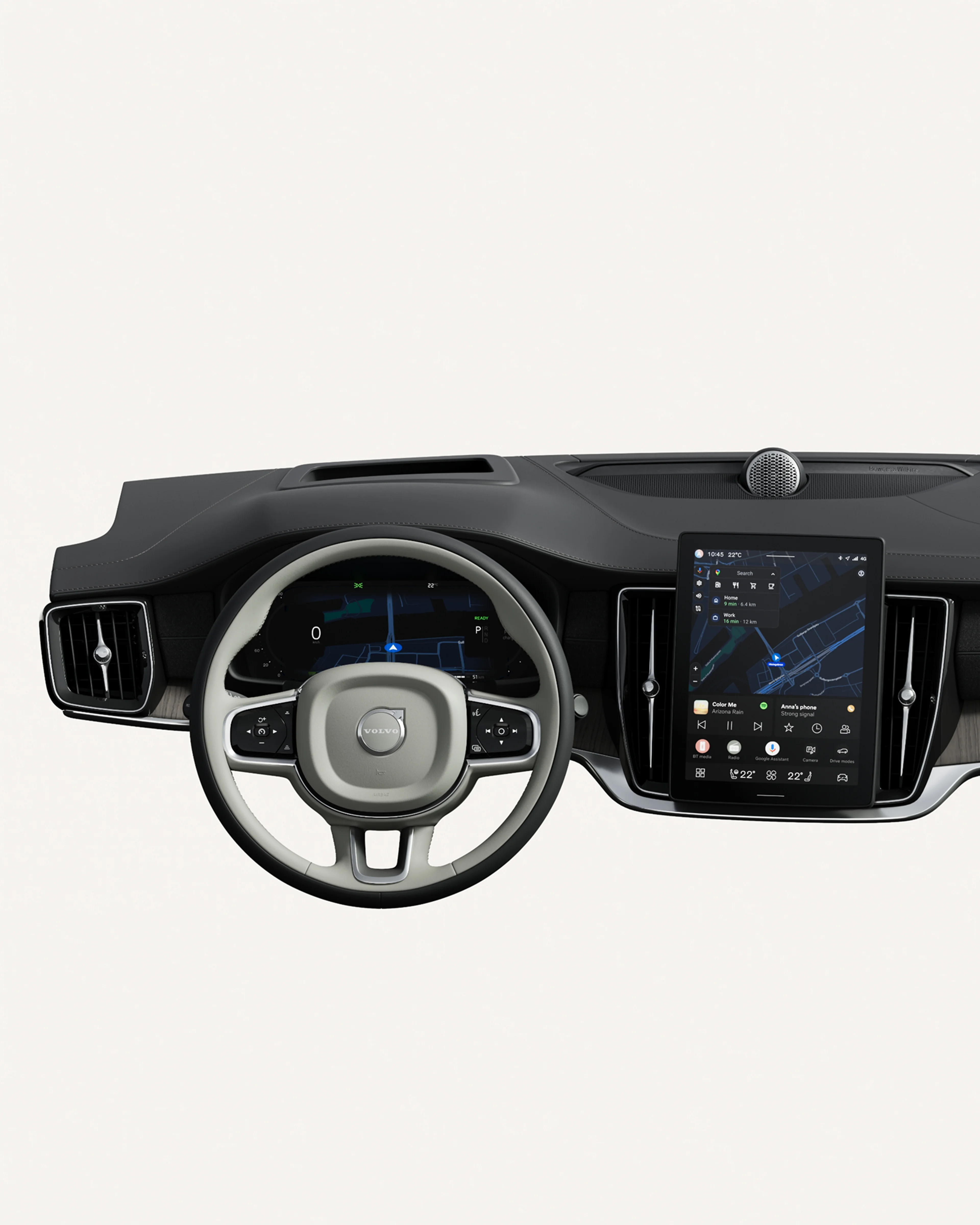Interior view of the Volvo S90 dashboard, including steering wheel and touchscreen.