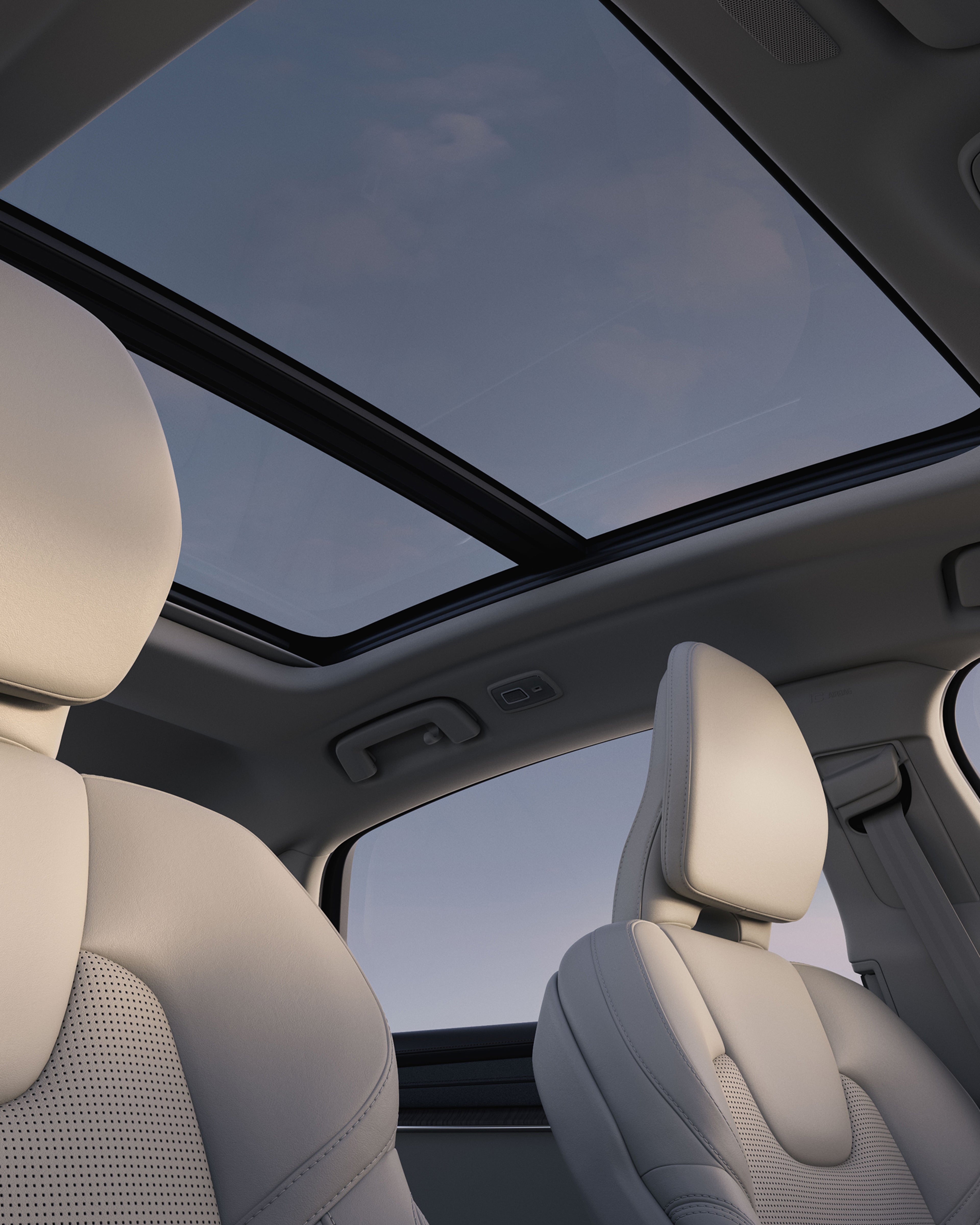 Interior of the Volvo S90, highlighting the panoramic roof.