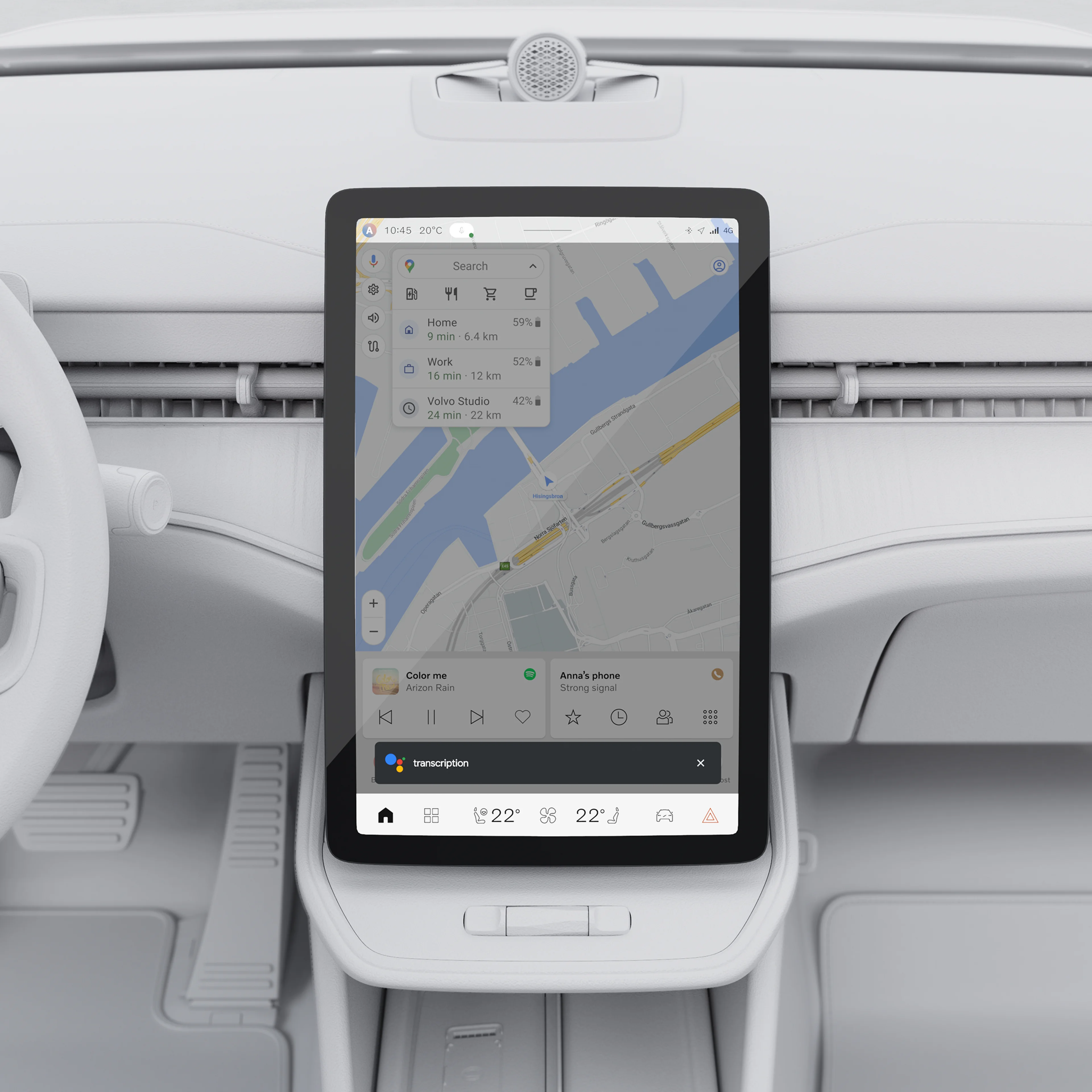 Freistehendes zentrales Display im Volvo ES90 mit Anzeige von Navigation, Medien und Bedienelementen auf einem eleganten Touchscreen.