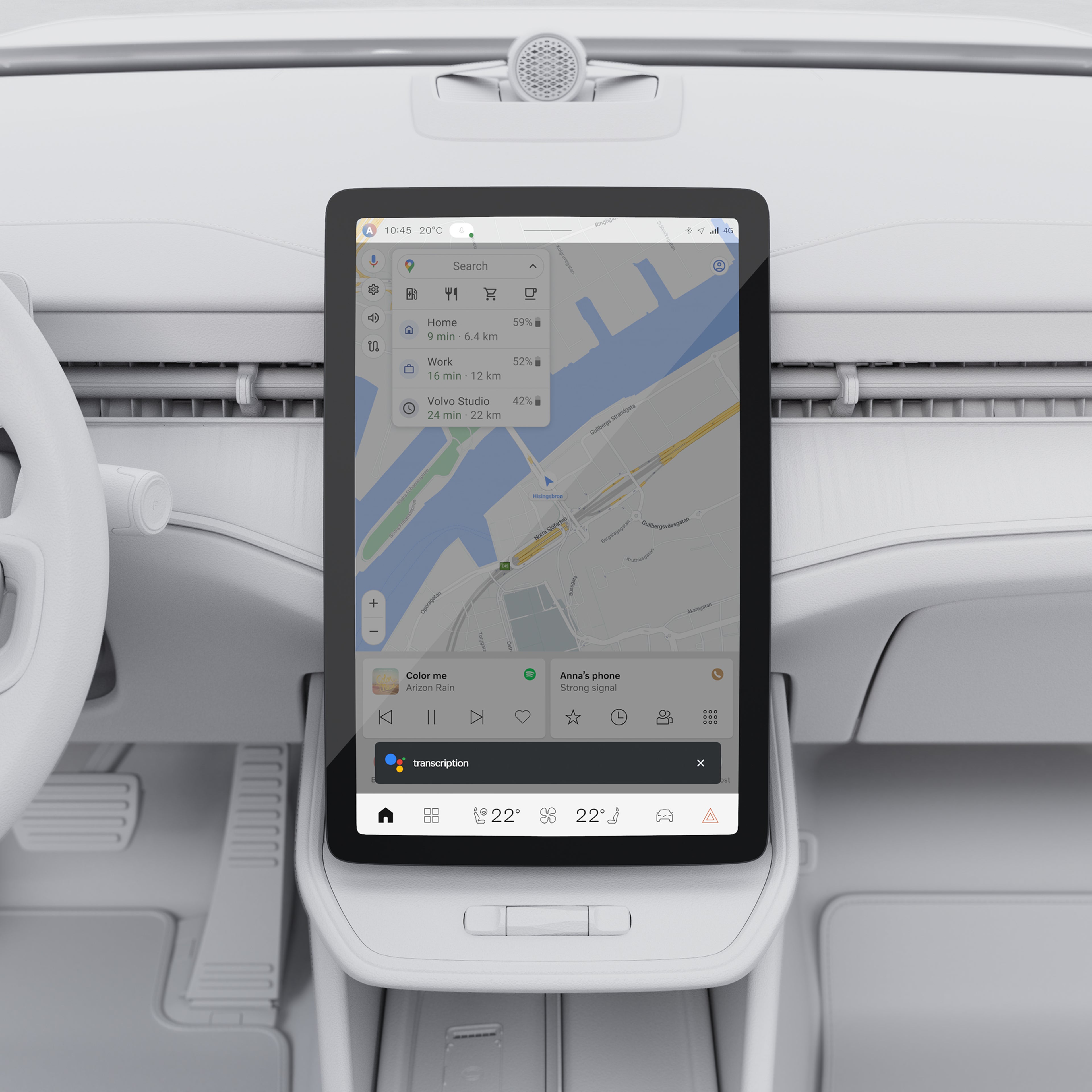 Vrijstaand centraal display in de Volvo ES90 met navigatie, media en bedieningselementen op een slank touchscreen.