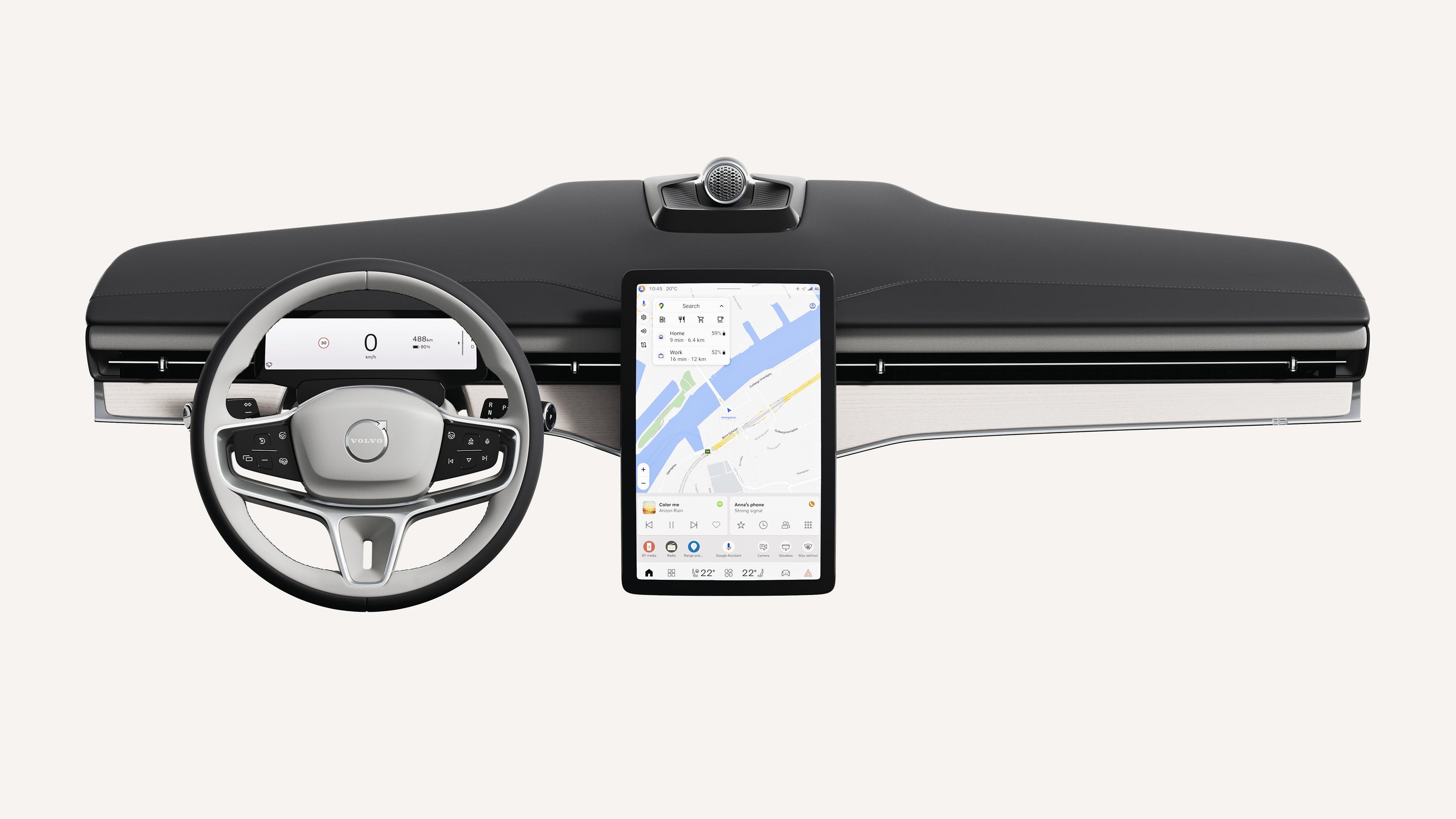 Interior view of the Volvo ES90 dashboard, including steering wheel and touchscreen.