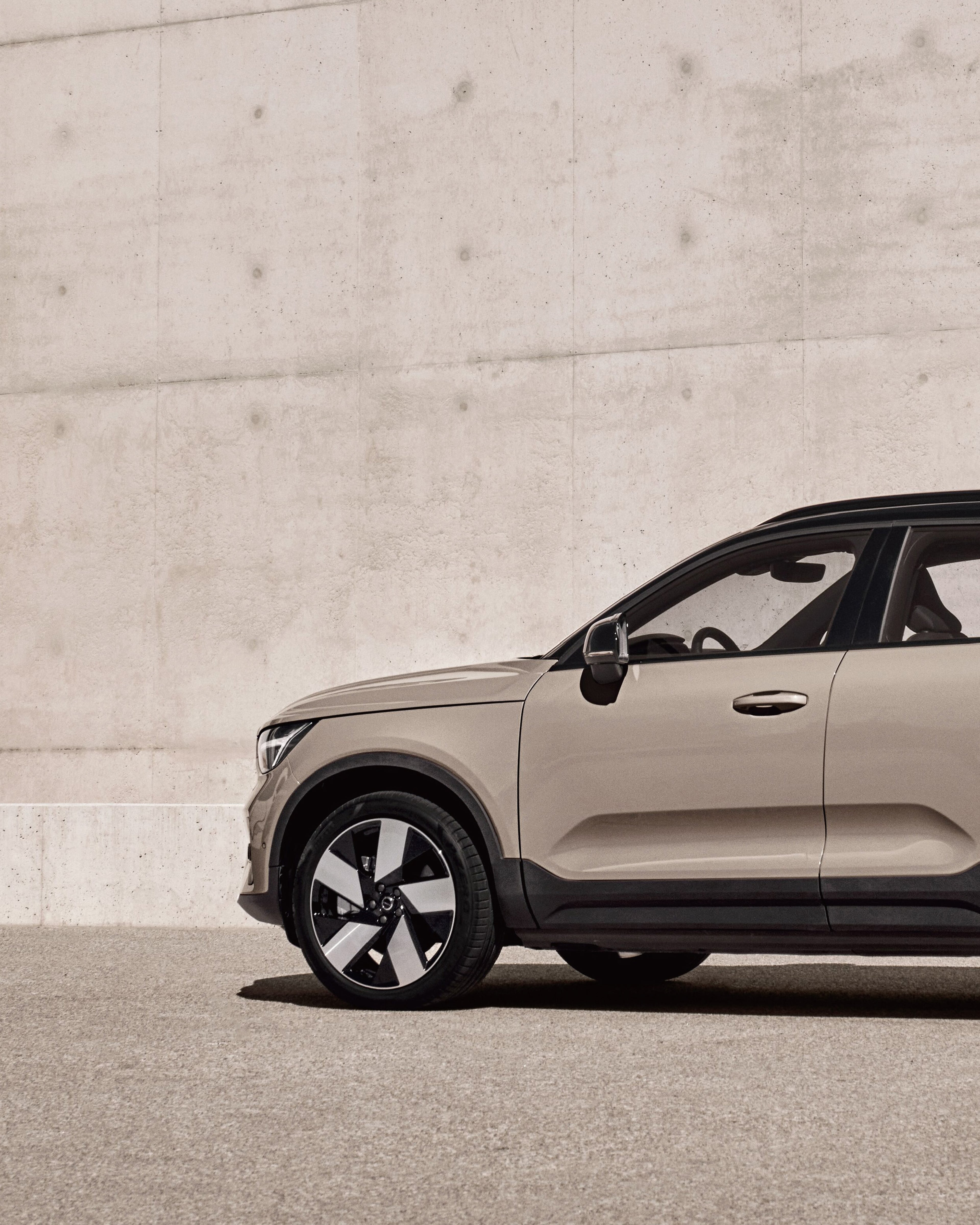 純電動 Volvo EX40 並排停放在引人注目的戶外環境中。