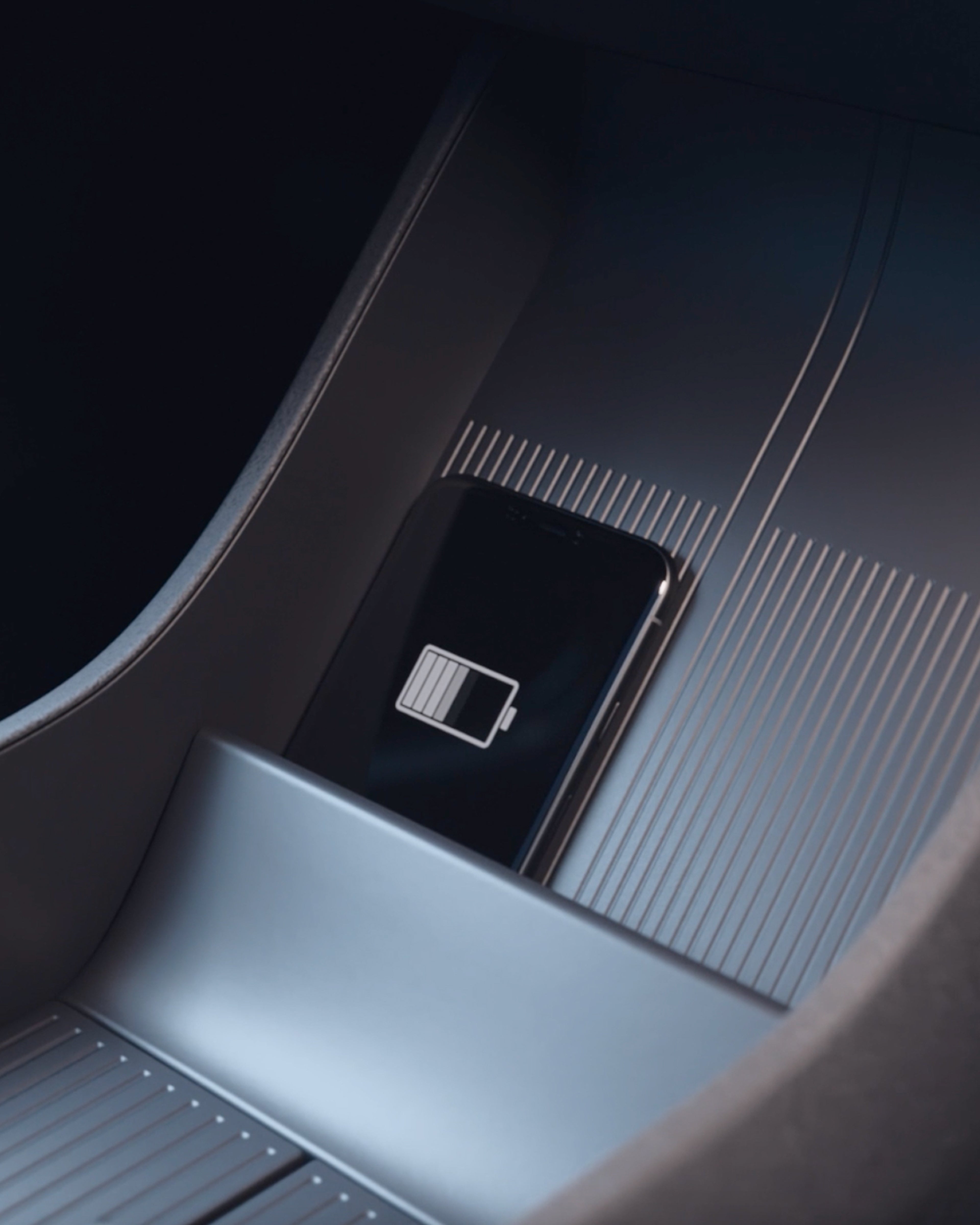 Close-up of the wireless mobile charging spot in the Volvo EX30.