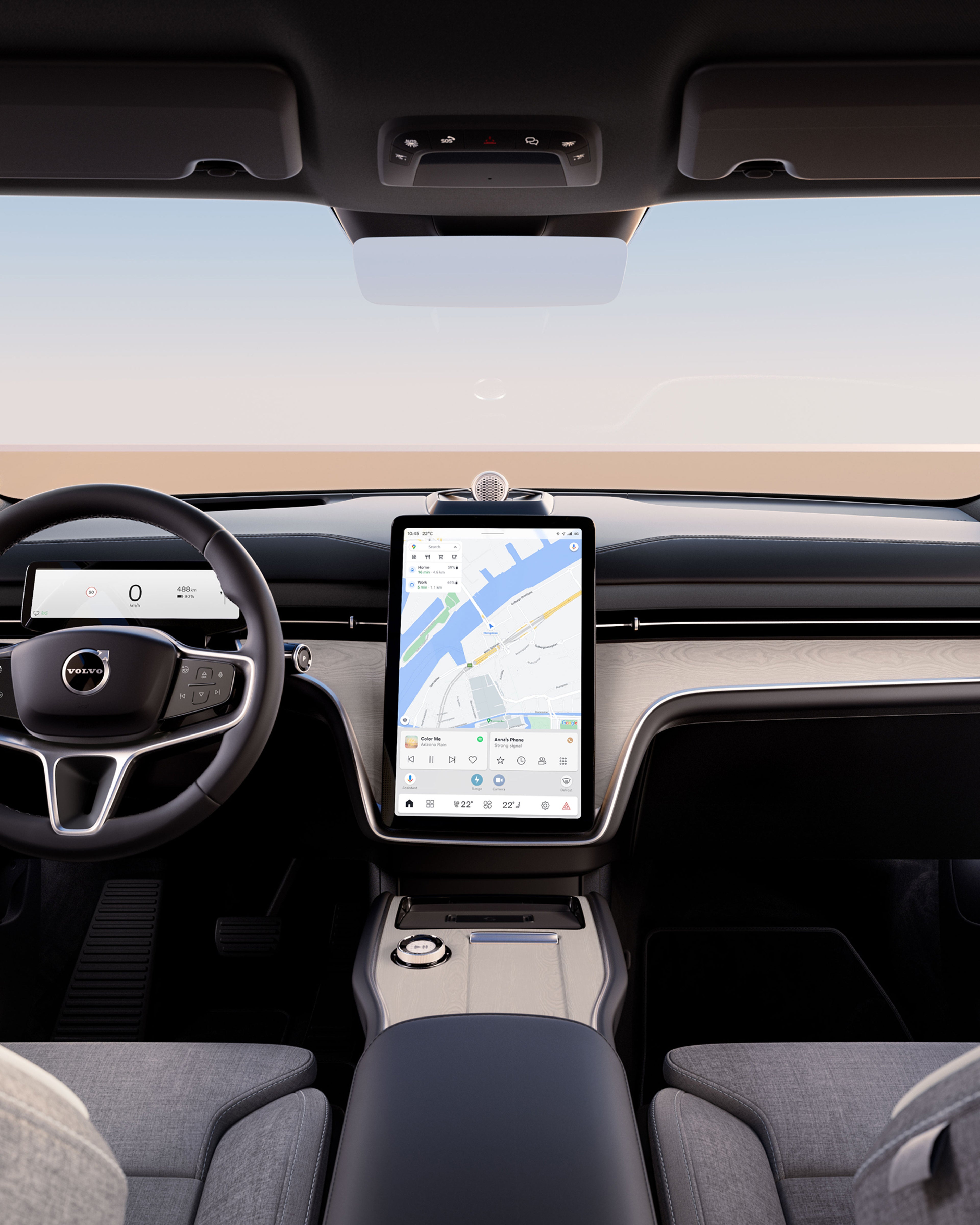 Central touchscreen displaying navigation and media controls in the Volvo EX90.