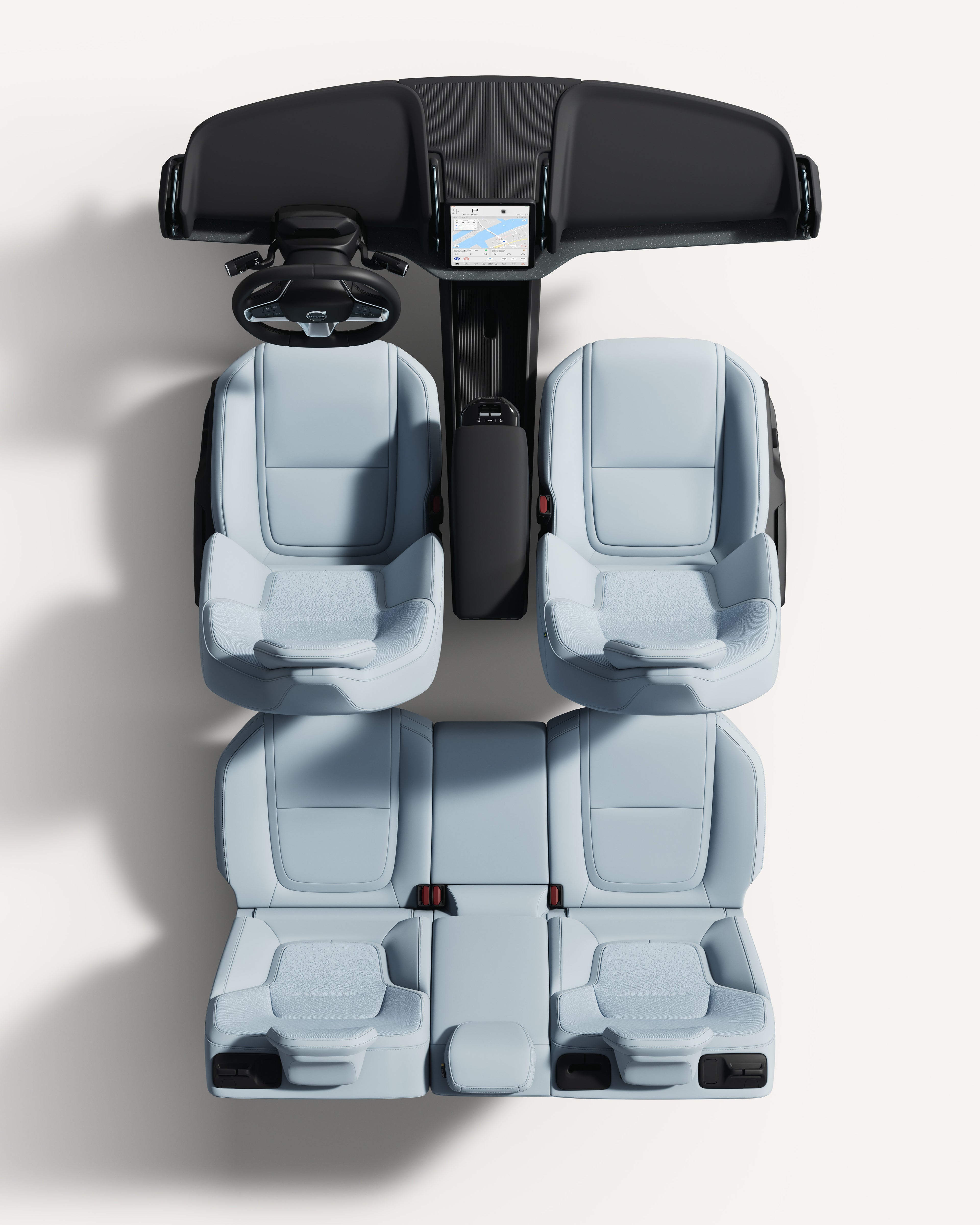 Top-down view of the Volvo EX30's interior, showcasing seats and central console.