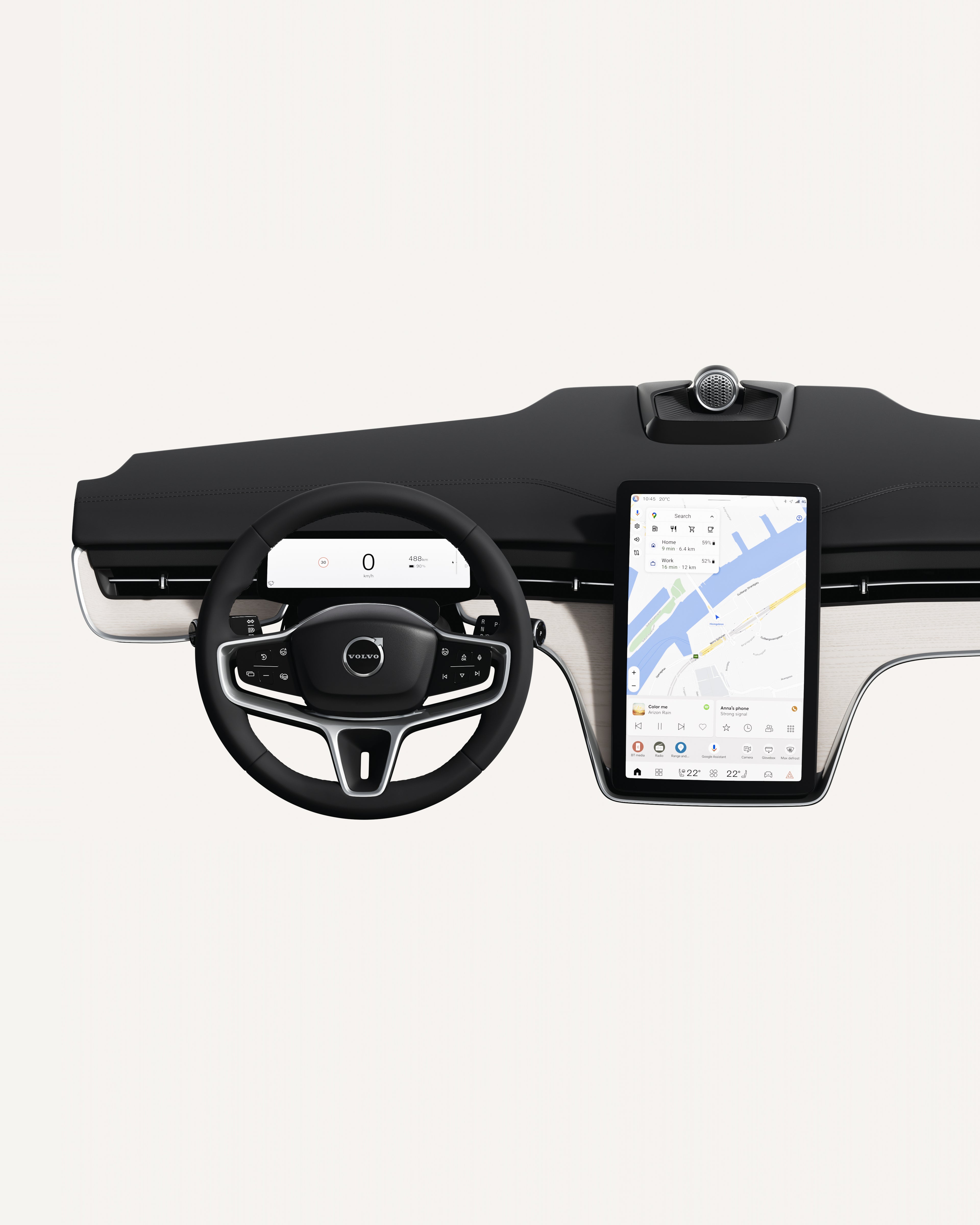 Interior view of the Volvo EX90 dashboard, including steering wheel and touchscreen.