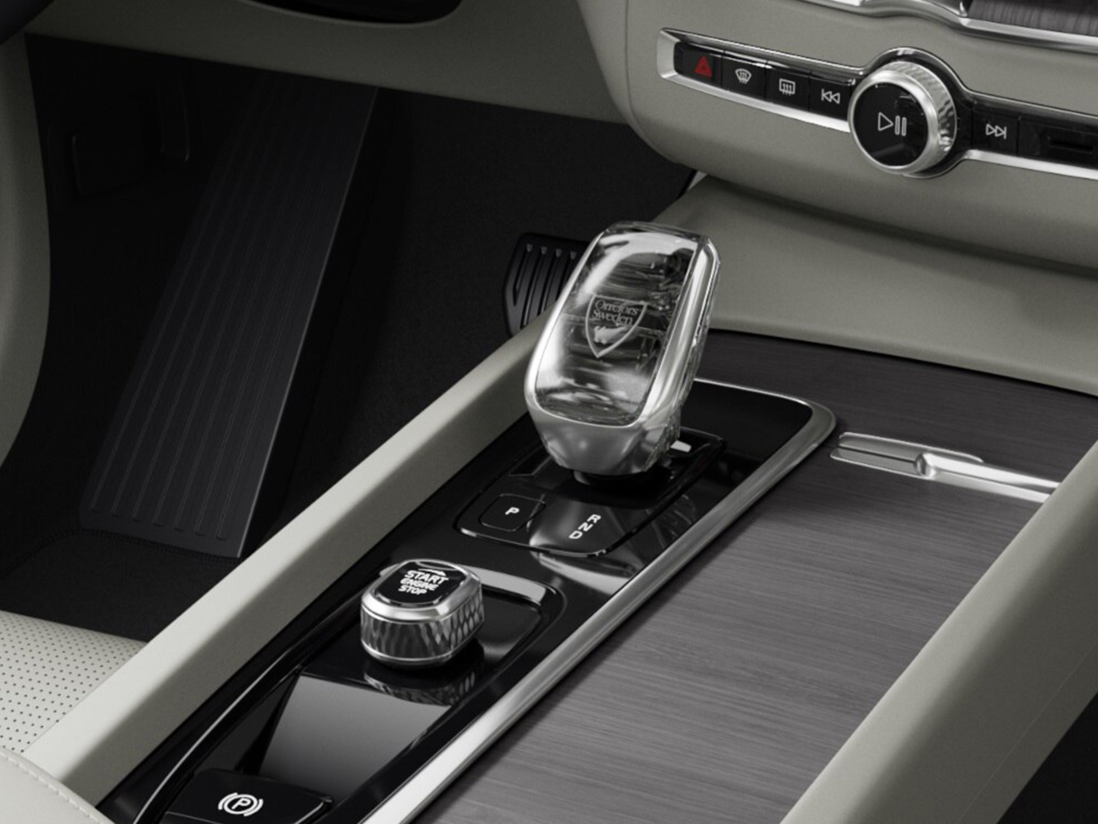 Inside a Volvo XC60 SUV, a crystal gear shifter in genuine Swedish crystal from Orrefors.