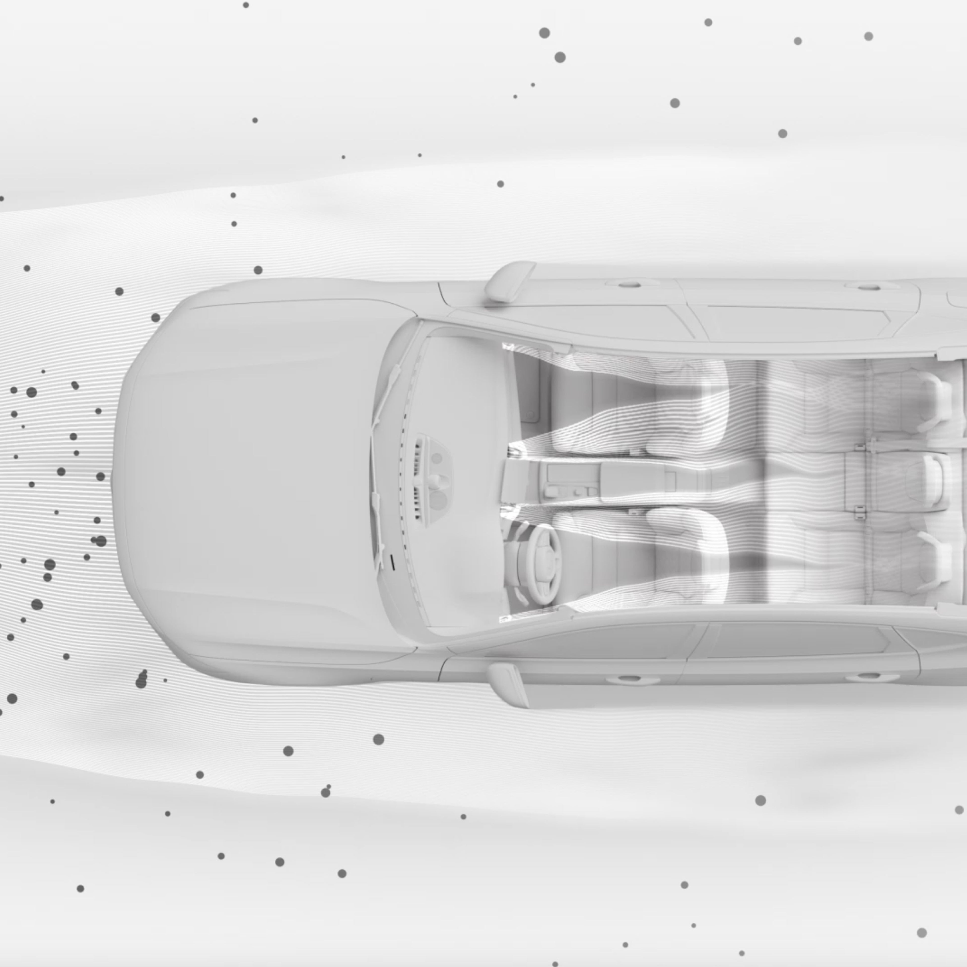 Top view illustration of the Volvo S90 interior with airflow visualisation, highlighting the advanced air purification system.
