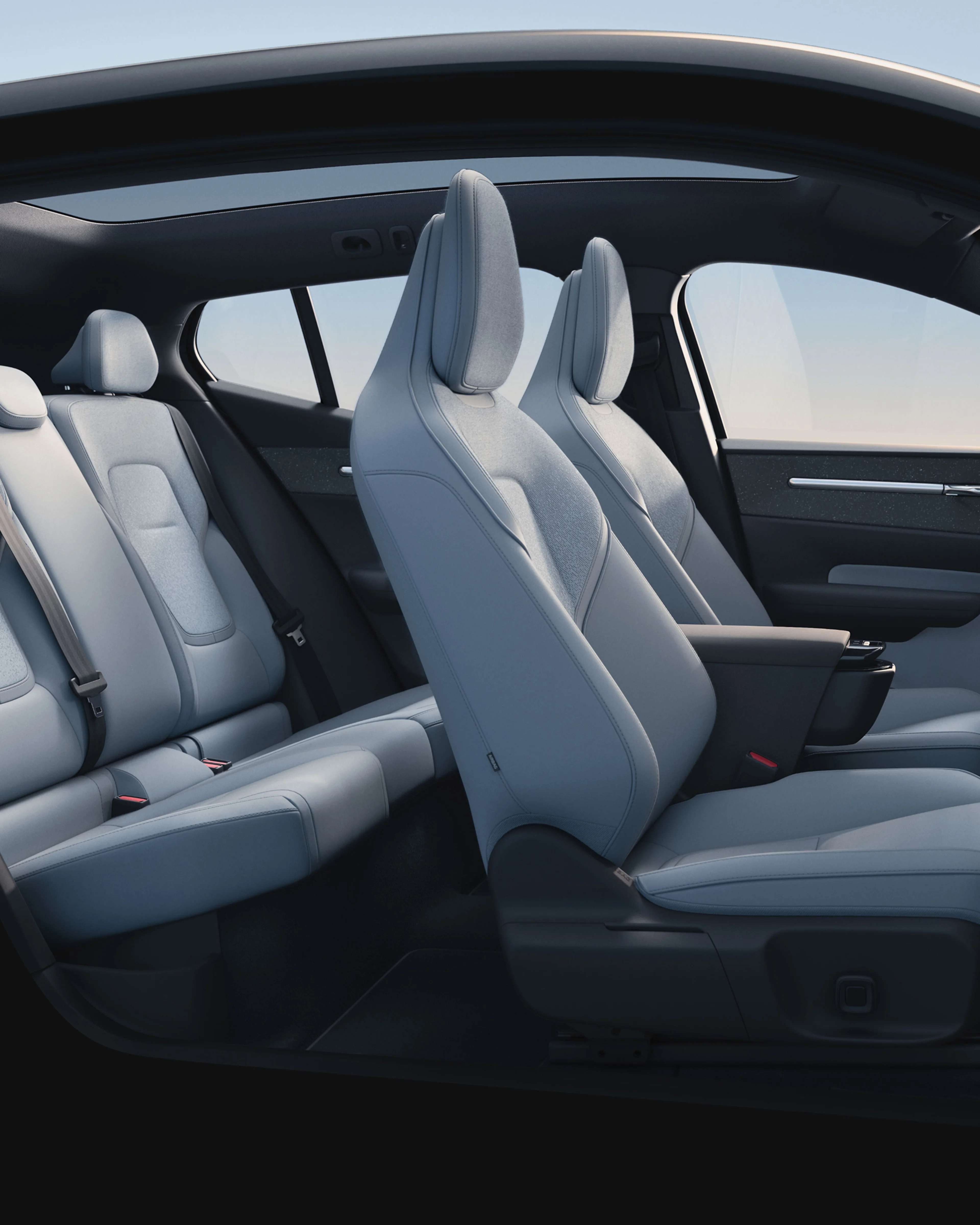 Open side view of the fully electric Volvo EX30 cabin.