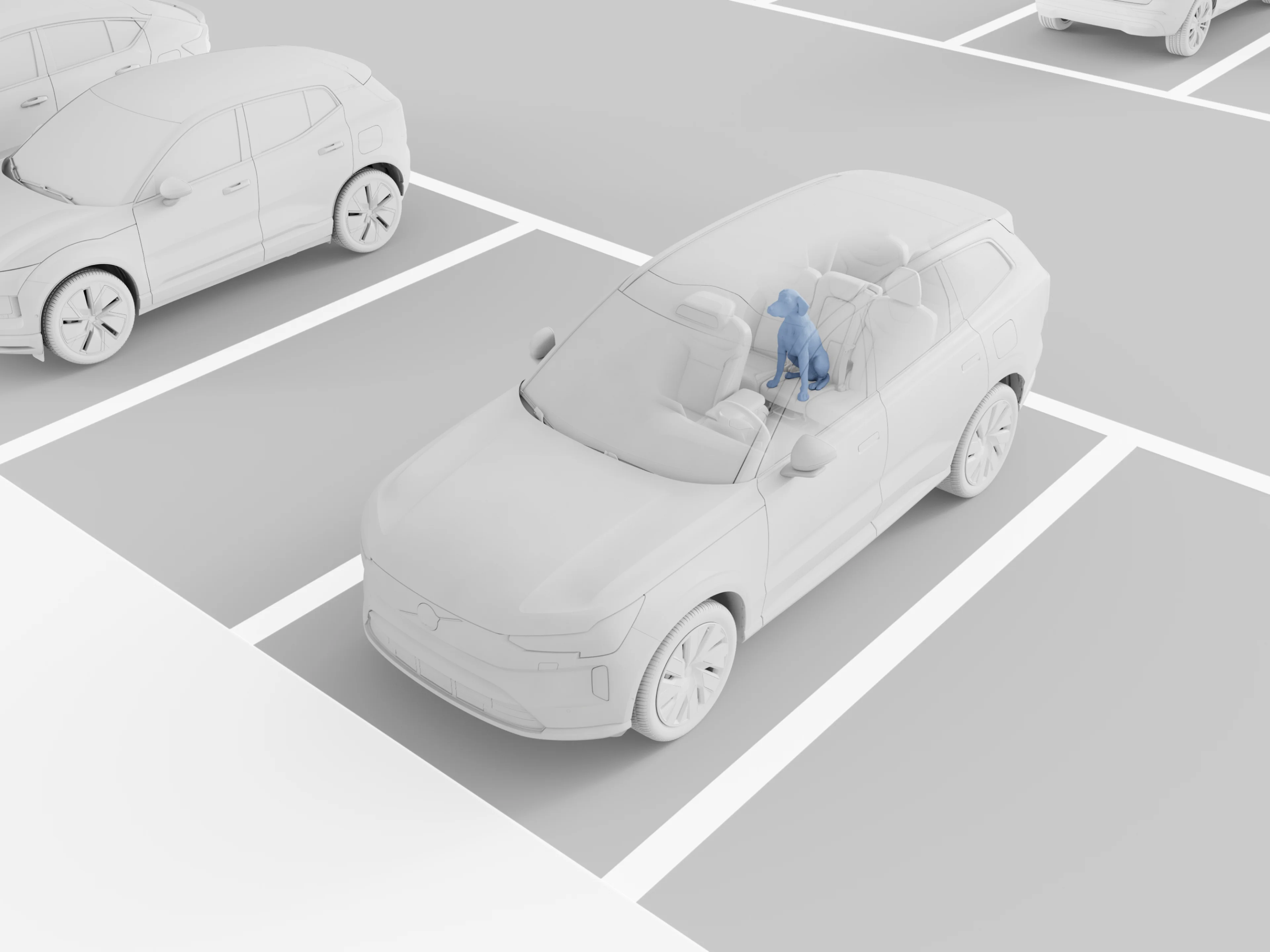 Slika modela Volvo EX90 iz zraka. Senzor putnika je u funkciji, detektuje psa koji sjedi na srednjem stražnjem sjedištu.