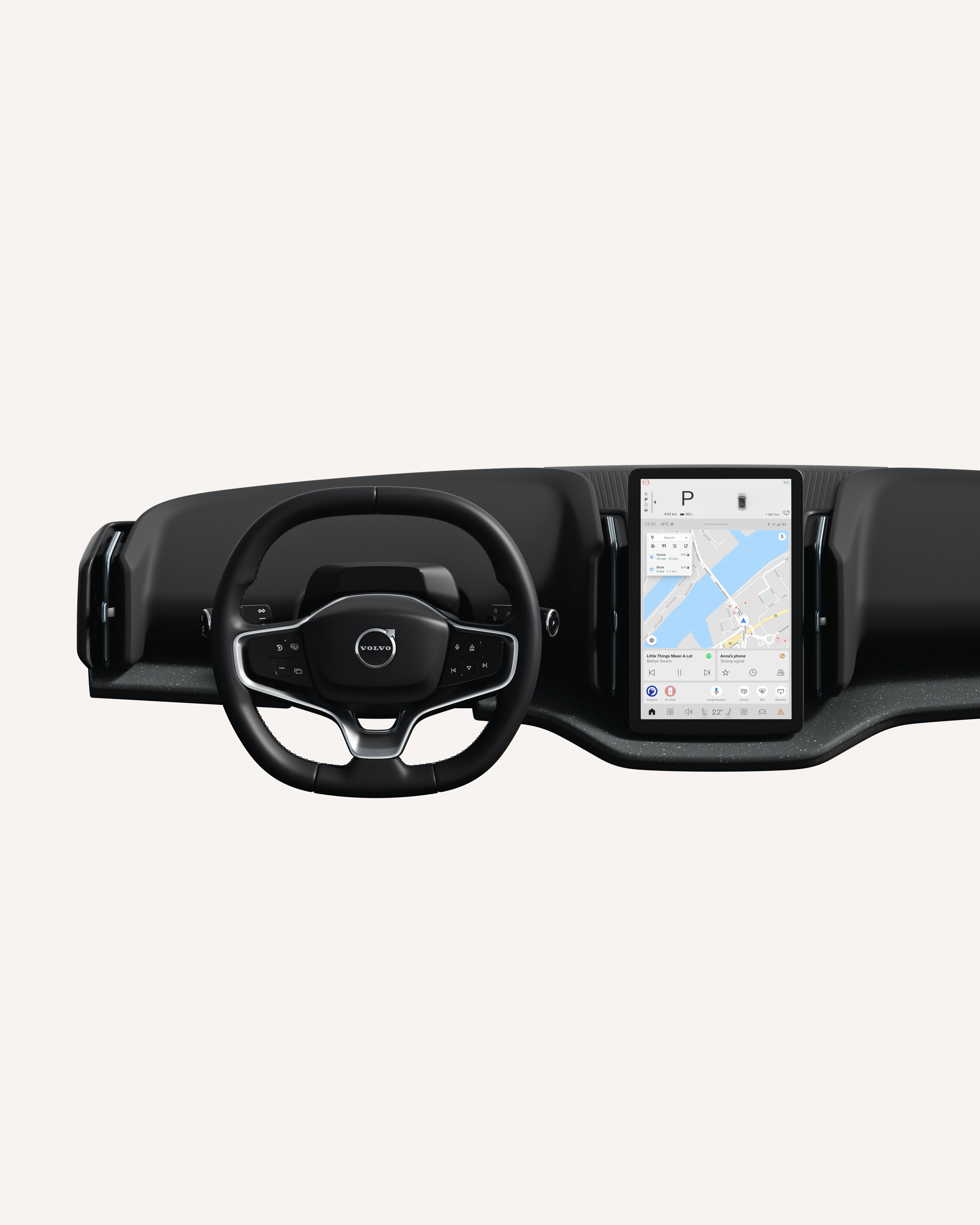 Vista interna del cruscotto della Volvo EX30, compresi volante e touchscreen.
