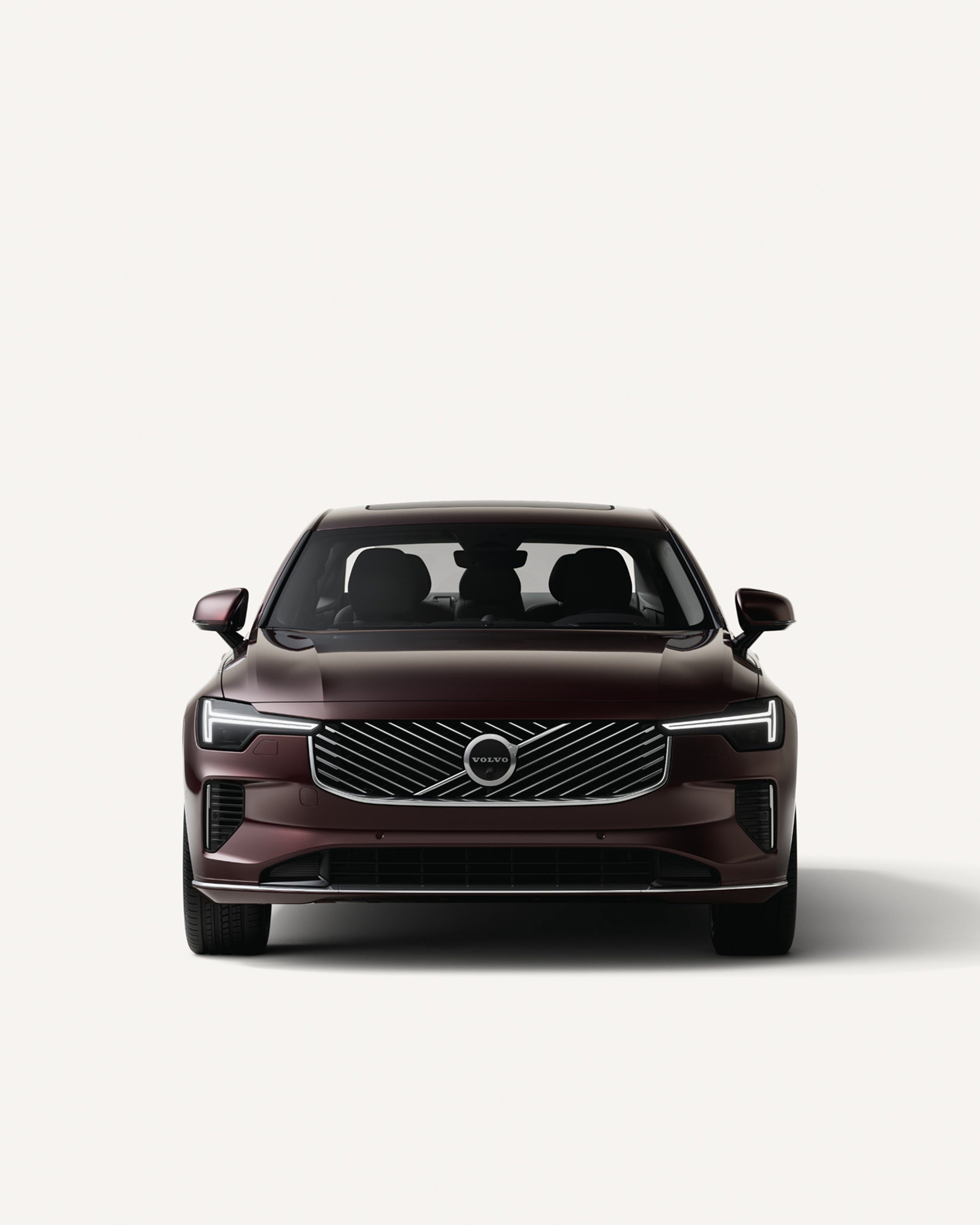 Front view of the Volvo S90 plug-in hybrid in a white studio environment.