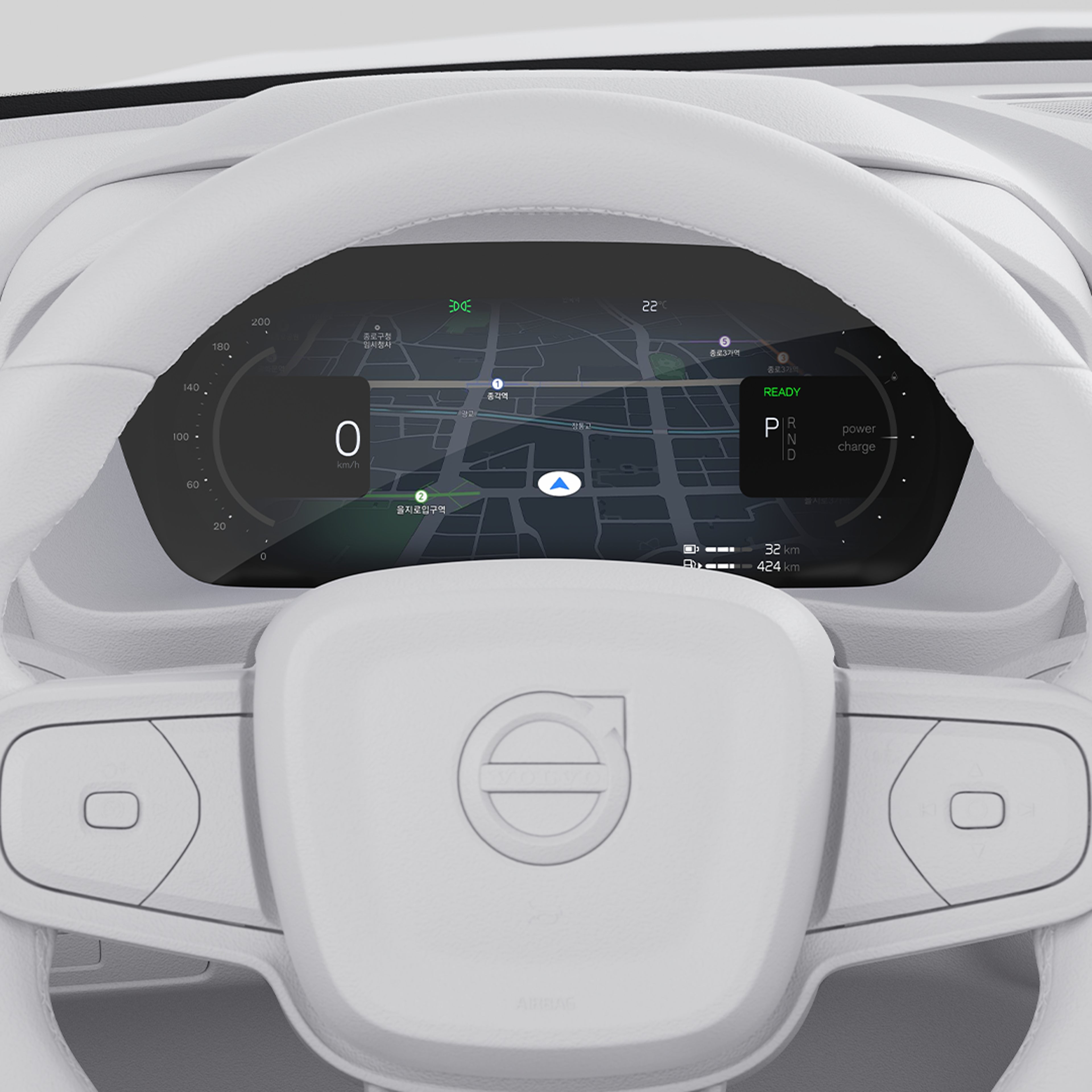 홈 화면을 보여주는 Volvo XC40 12.3인치 중앙 디스플레이 클로즈업 일러스트레이션.