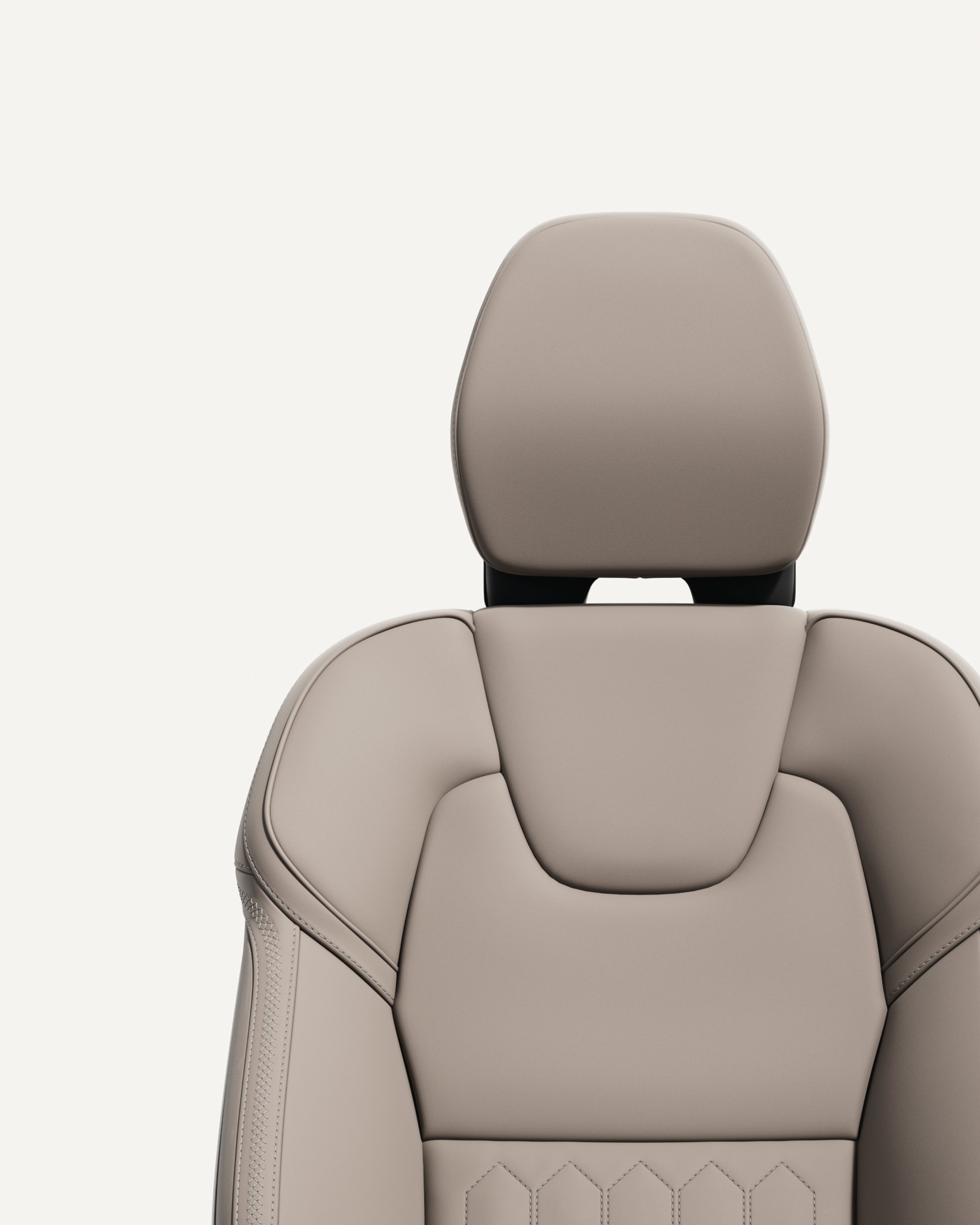 Close-up of the front seat cardamom upholstery in the Volvo XC60 midsize mild hybrid SUV.