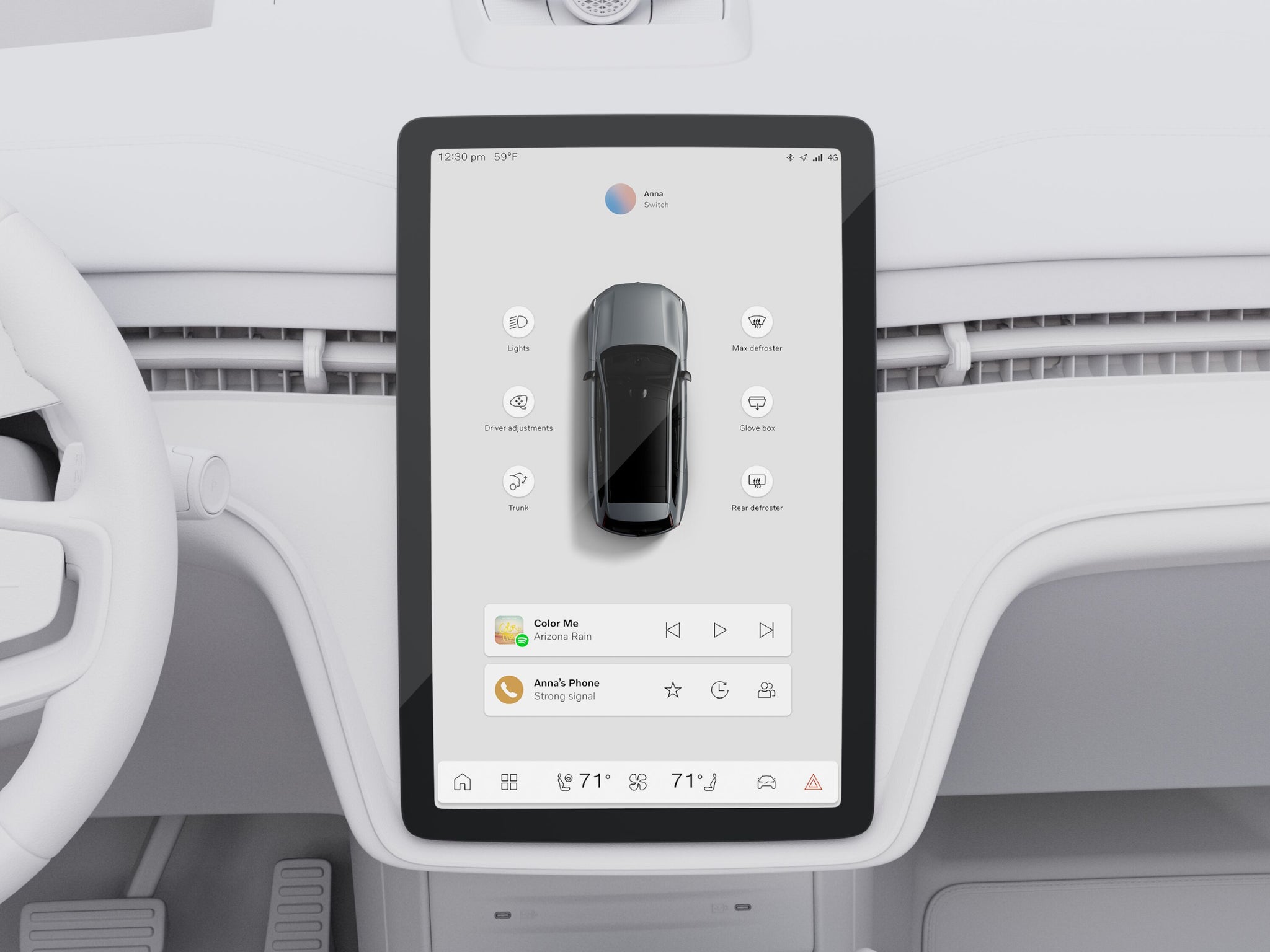 A close-up image of the touchscreen centre display viewed from the cabin’s rear seats. The screen displays a bird’s-eye view of the EX90, surrounded by widgets.