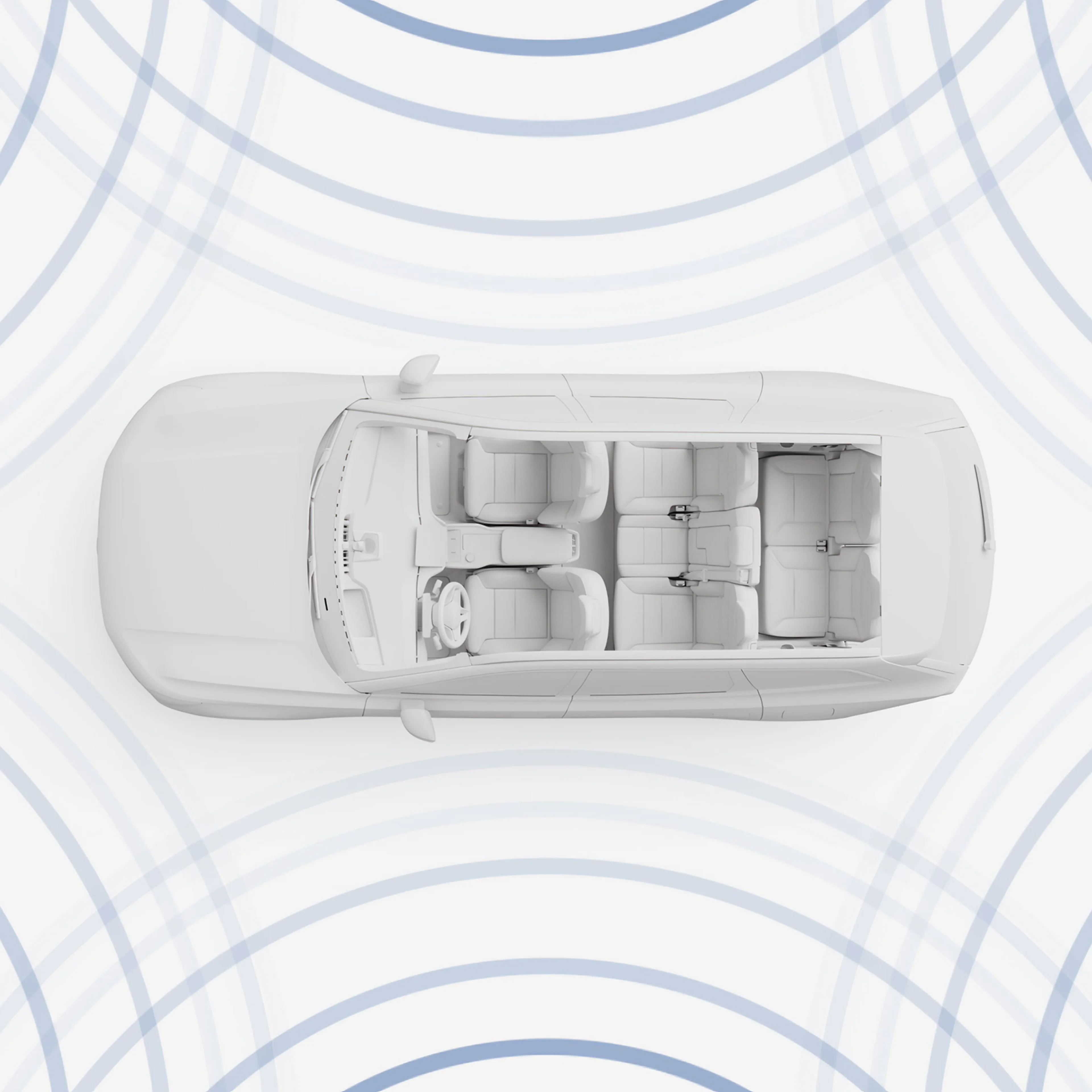Vy ovanifrån av Volvo EX90 med blå ljudvågor som illustrerar den fridfulla och fridfulla interiördesignen.