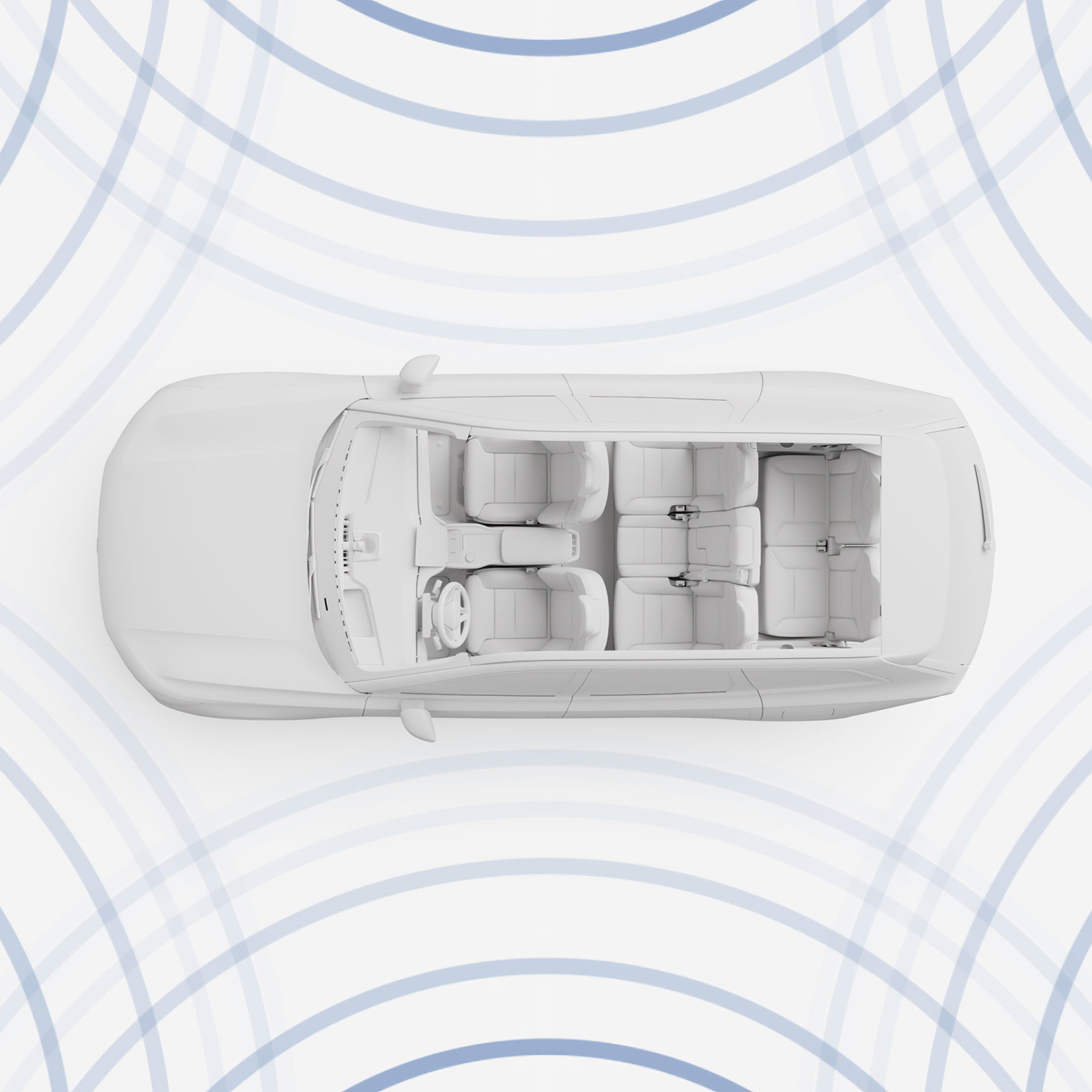 Top view of Volvo EX90 with blue sound waves illustrating the serene and peaceful interior design.